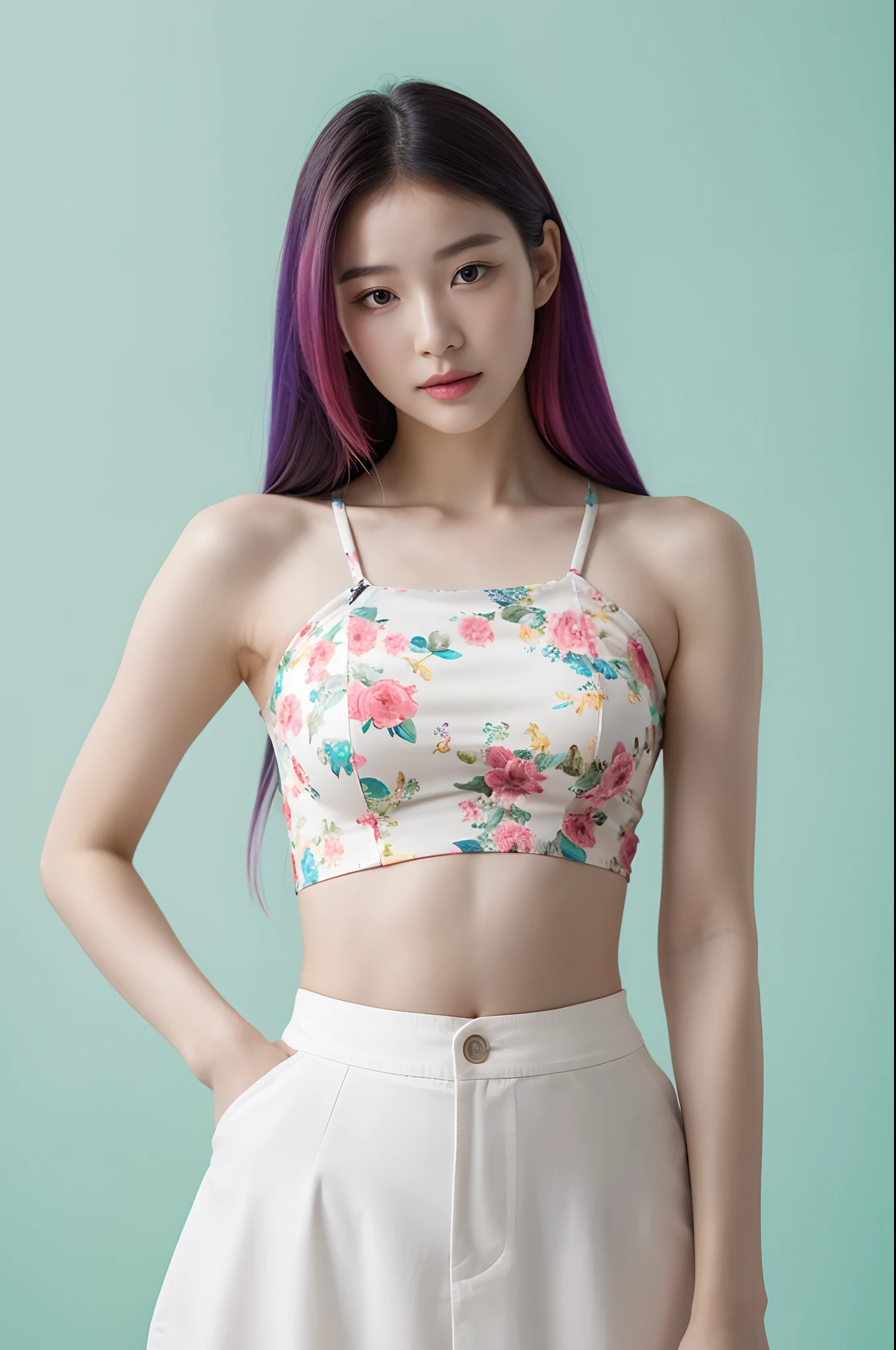 a woman in a floral crop top and mint skirt posing for a picture, croptop, crop top, bralette, wearing white camisole, bae suzy, wearing a camisole, physical : tinyest midriff ever, gorgeous young korean woman, heonhwa choe, cutecore, lulu chen, reluvy5213, rainbow hair