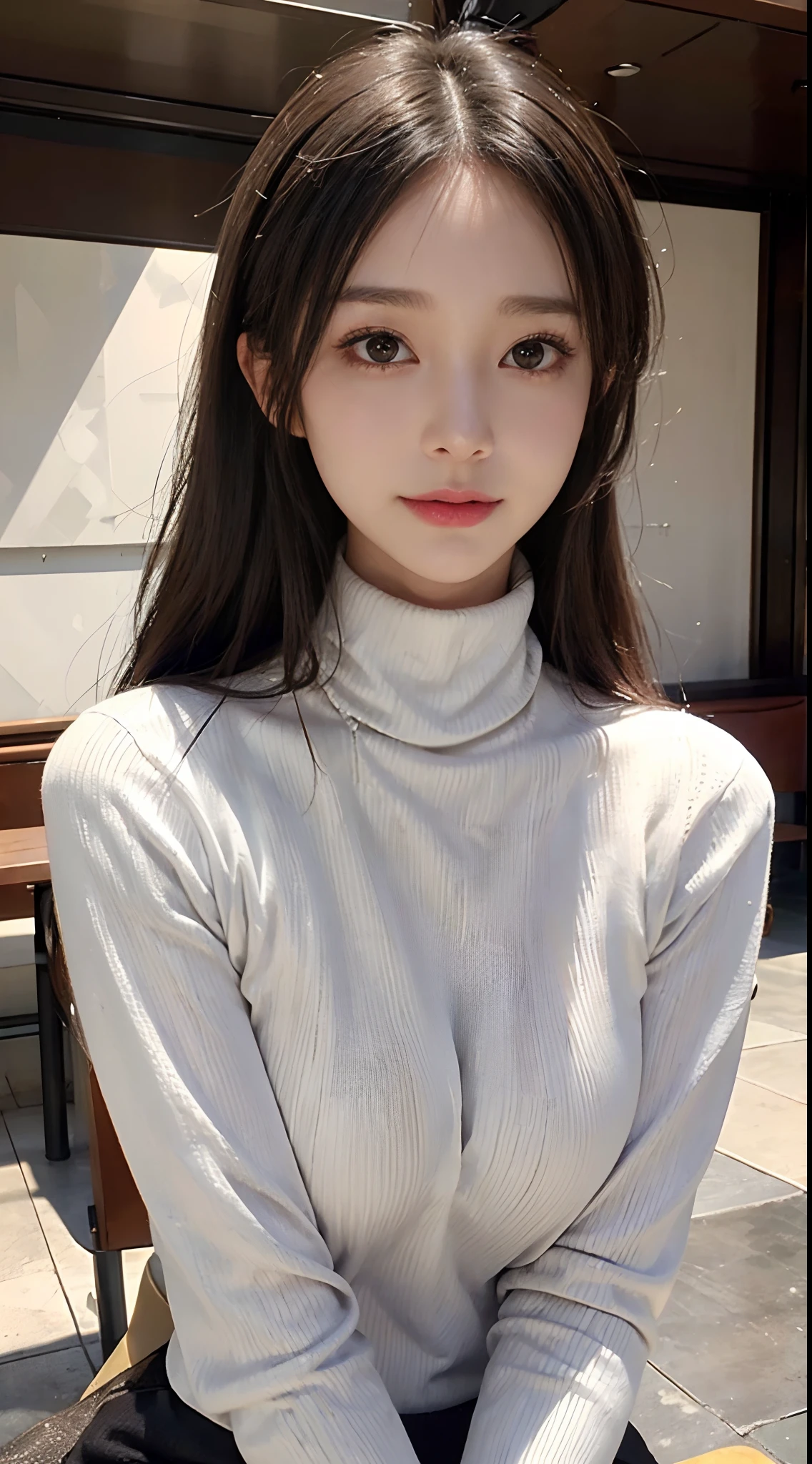 ((Mature woman sitting in front of café)),((turtleneck shirt:1.3)). 40k, Photography, masutepiece, Best Quality, dark grey background, ((Mature Women, waifu, mami, A MILF)), ((voluptuous breasts)), Perfect face, perfect tits, ((The chest is huge)), ((One girl with brown eyes and gorgeous bright black hair)). a Pretty Japanese woman，completely soft chest and white skin,, ((Very soft breasts)). Ultra-detailed face, Detailed eyes, embarrassed, Smile, Summer, Daytime, (((Slave Collar))), Half body, with cleavage dress soft breasts realistic realistic photo real real