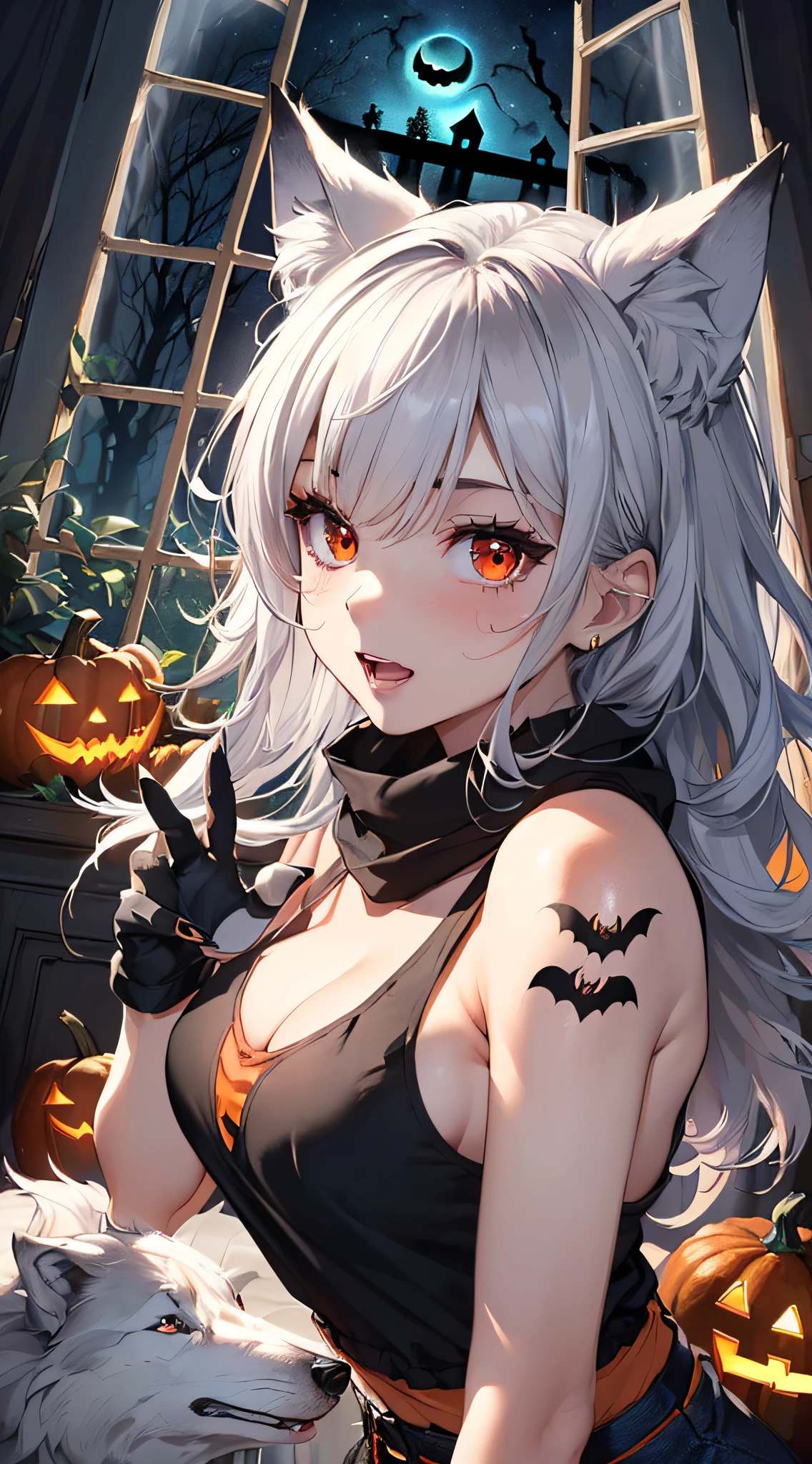 top-quality、Top image quality、in 8K,4K,masterpiece、(NSFW:1.1)、ultra-detailliert、Beautiful、ultra-quality、adult-like、Cool、girl with(((18year old、negligee:1.5、Bust 78、silber hair、a short bob、Red Eyes、erotick:1.4、Happiness、The tattoo)))、hiquality、visualart、Background with((Halloween 1.3))、masutepiece