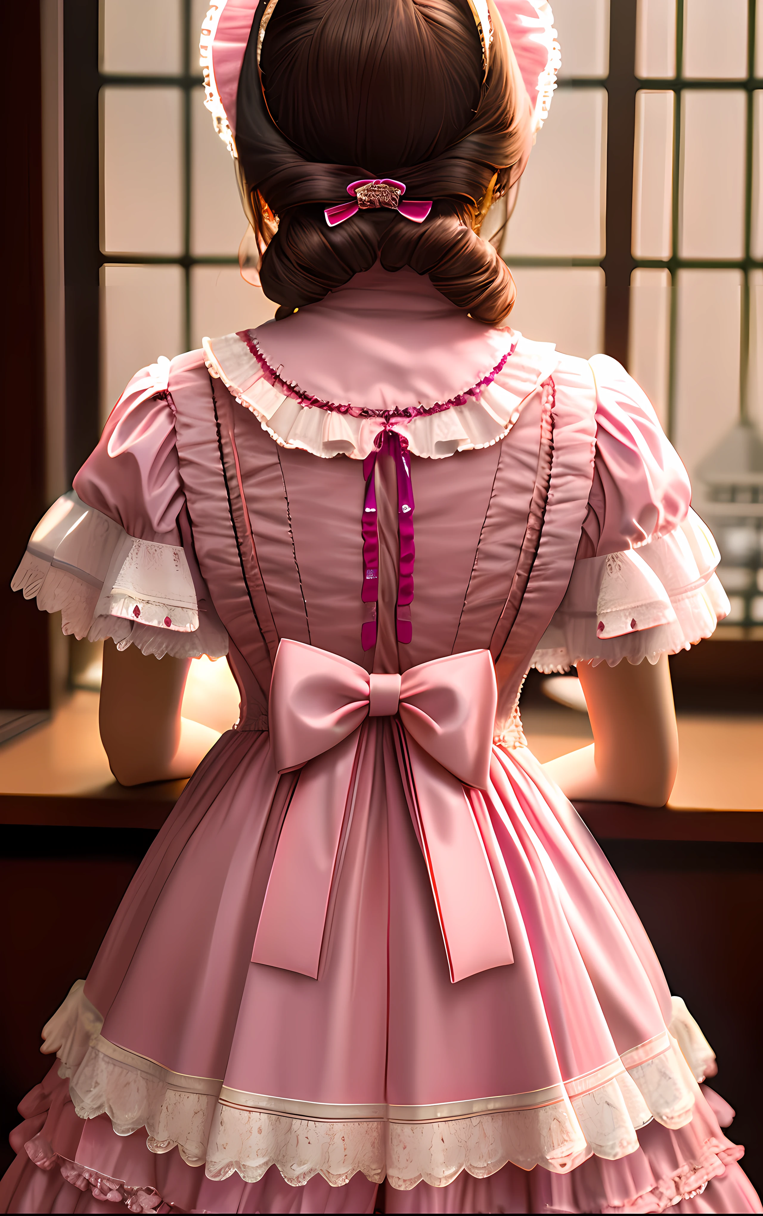 Masterpiece, high quality, 4K, beautiful design, shiny, from the front, award winning photo, extremely detailed, amazing, fine detail, absurdres, by lee jeffries nikon d850 film stock photograph 4 kodak portra 400 camera f1.6 lens rich colors hyper realistic lifelike texture dramatic lighting unrealengine trending on artstation cinestill 800 tungsten,
lofa, a woman in a pink dress in a cute victorian era room ,woman wearing lofa, teddy bear print, frills, ribbons, face out of the frame,
from behind, back-angle