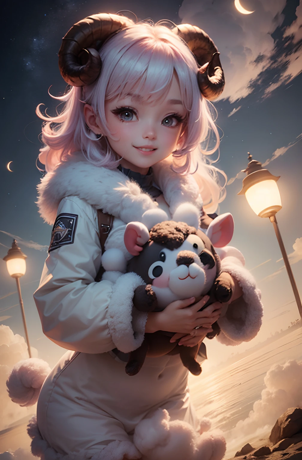 Highly detailed motion shooting textured fur marshmallow sheep smiling over marshmallow clouds in the night sky, Adorable, kawaii, Highly detailed,