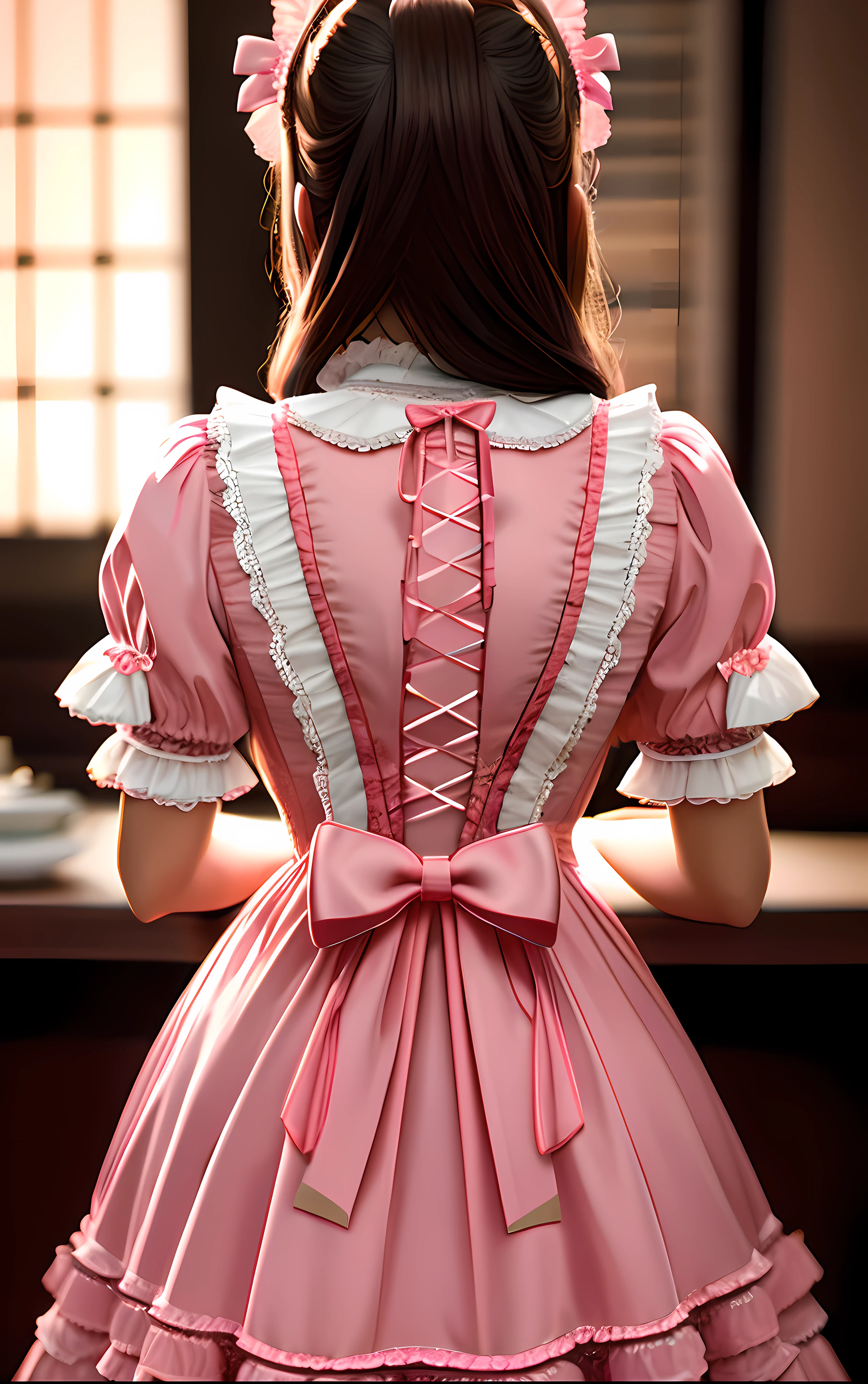 Masterpiece, high quality, 4K, beautiful design, shiny, from the front, award winning photo, extremely detailed, amazing, fine detail, absurdres, by lee jeffries nikon d850 film stock photograph 4 kodak portra 400 camera f1.6 lens rich colors hyper realistic lifelike texture dramatic lighting unrealengine trending on artstation cinestill 800 tungsten,
lofa, a woman in a pink dress in a cute victorian era room ,woman wearing lofa, teddy bear print, frills, ribbons, face out of the frame,
from behind, back-angle