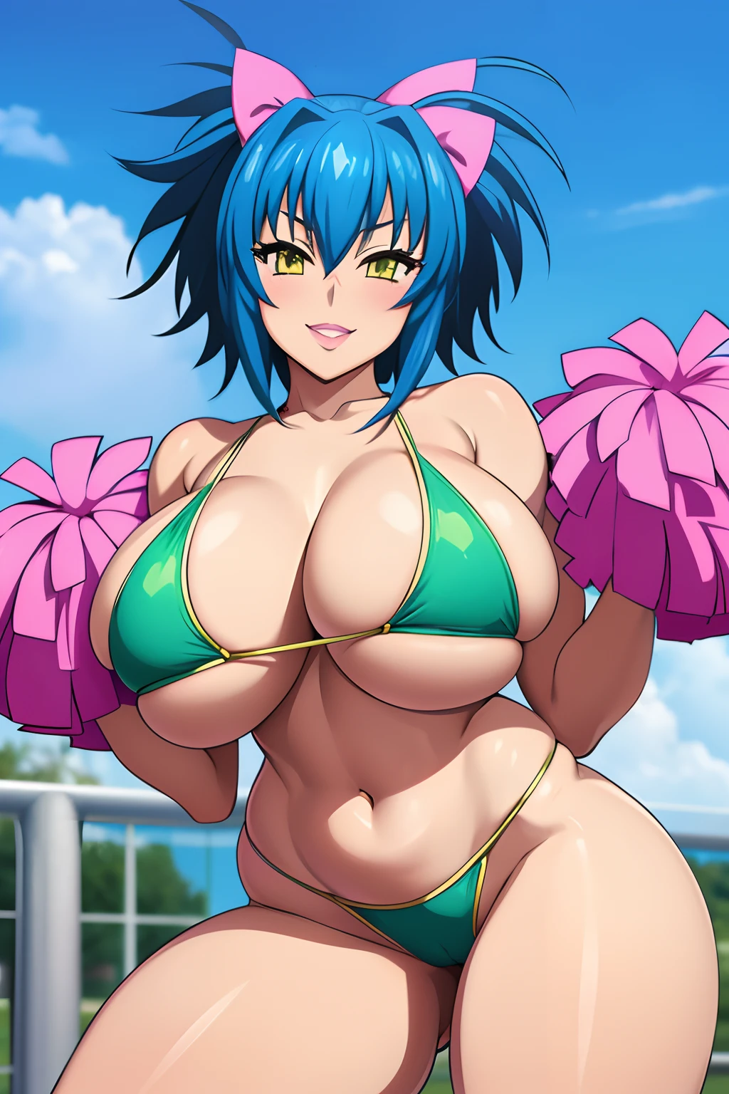 Highschool dxd, Xenovia, 1girl, (((bimbo))), short blue hair, yellow eyes, puffy lips, painted lips, thick lips, wide hips, thick thighs, huge ass, erotic Smile face, bubble butt, camel toe, Breasts, green bikini, school cheerleader, hand signs