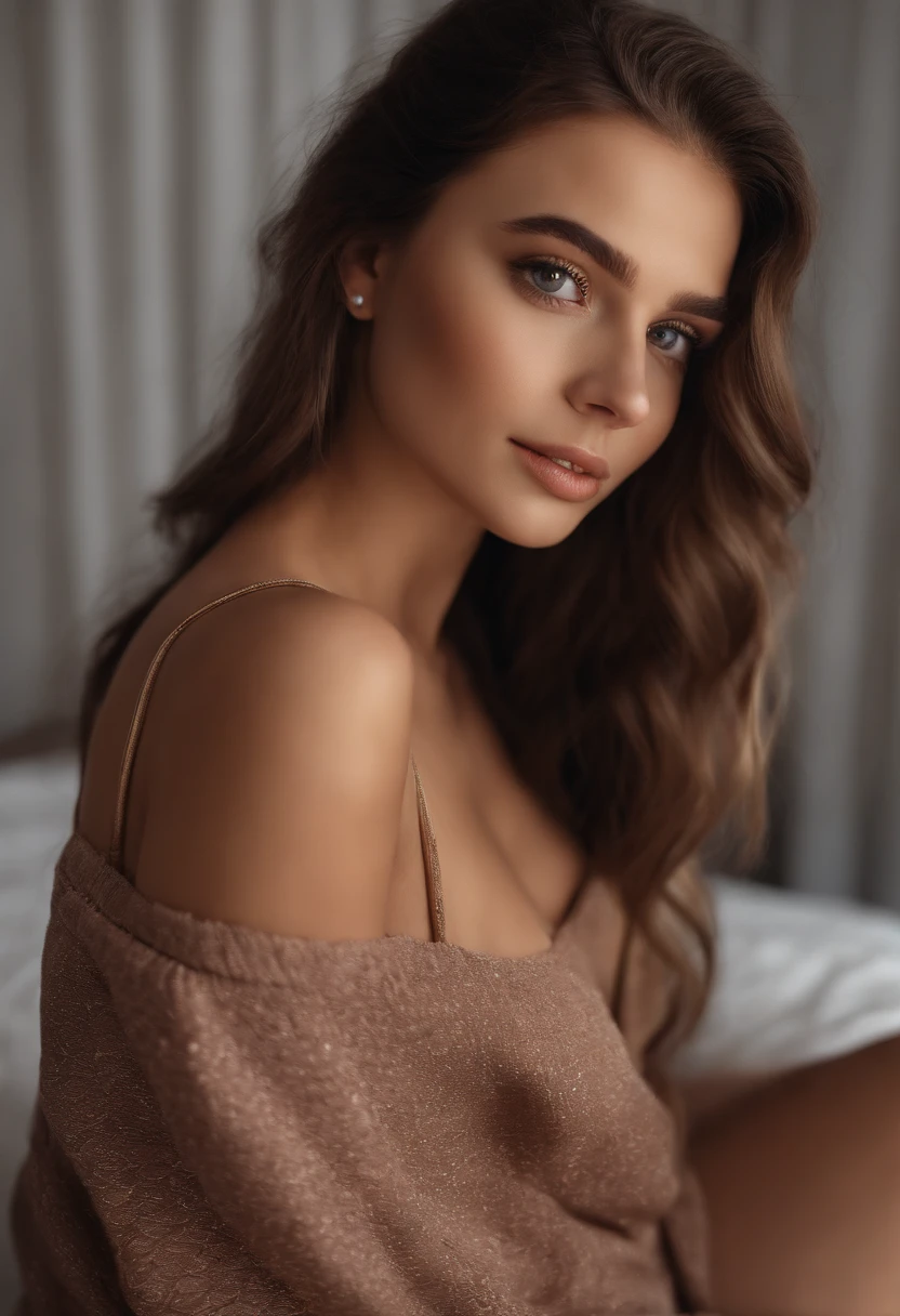 Arafed woman in full , Sexy girl with brown eyes, ultra realistis, Meticulous detail, portrait sophie mudd, brown hair and large eyes, selfie of a young woman, Dubai's Eyes, violet myers, no makeup, natural makeup, looking straight at camera, face with artgram, fine makeup, Stunning full-length shot, kneeling on the bed, in bedroom, Medium to large size bust