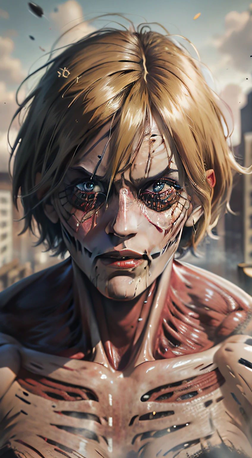 Attack on titan Annie, post apocalytic, female titan, bokeh, UHD, side lighting, ultra realistic, ray tracing, whole body, crashing, super mad, mad female titan, apocalyps, realistic titan,