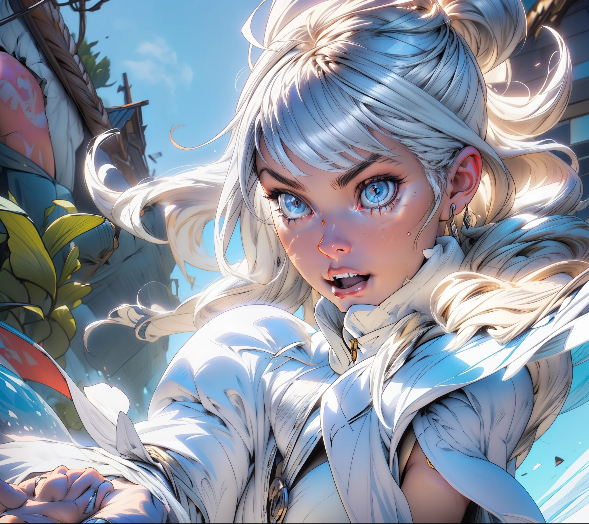 Emma_Frost, (((white girl))), (white skin:1.25), long (white|silver) hair in all background, (white|silver) hair with ponytail, (bright blue) eyes, (sky blue) bikini with gold details, mature woman, milf, thick, midriff, cloak, exposed shoulders, cleavage, gloves, thigh highs, foreshortening, on a mountain, volumetric lighting, intricate details, tonemapping, sharp focus, hyper detailed, trending on Artstation