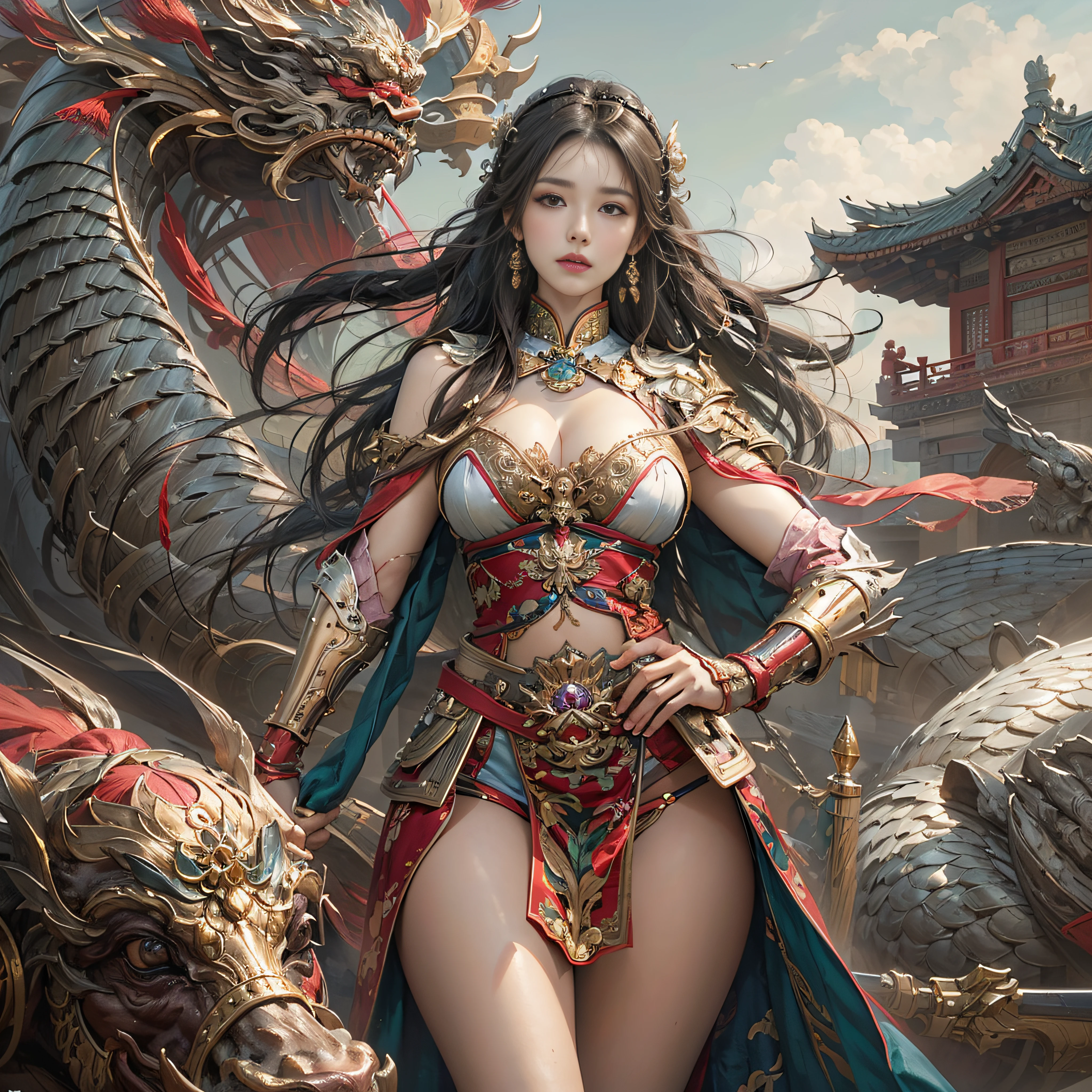 photorealistic portrait, high-res, Soft light,1woman, bara, full body image, Slender Figure, Beautiful hips, gleaming skin, Overflowing big breasts, Reveal the breasts.., (higly detailed face), chinese armor
