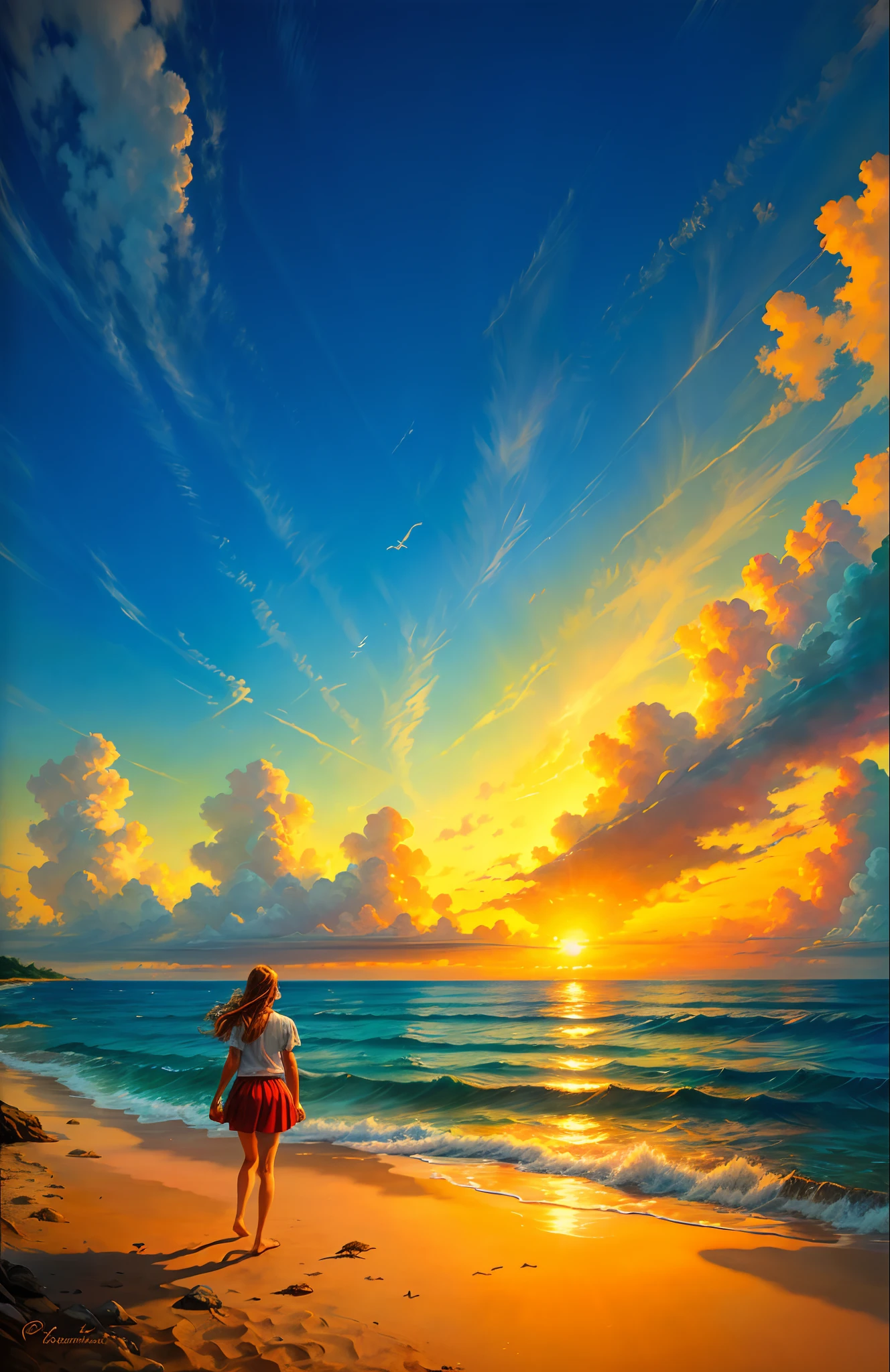 photorealistic painting of a breathtaking seascape, with crystal-clear water, white sand beaches, and lush green vegetation. The sun is setting in the distance, casting a warm glow over the entire scene. The sky is a brilliant blue, with wispy clouds scattered throughout. Young woman wearing red short skirt walking down on the ocean waters .