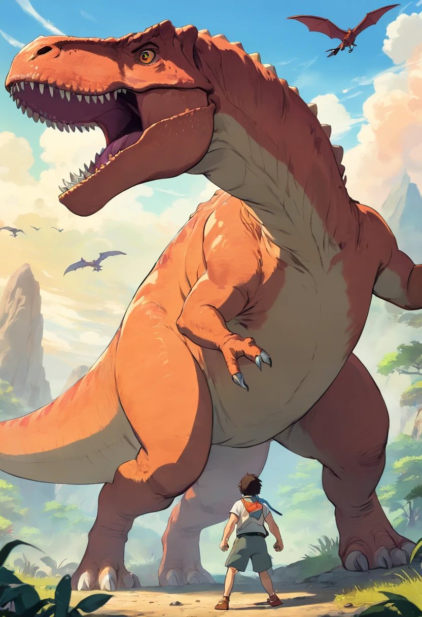 una feroz batalla entre un T-Rex y un triceratops, (La mejor calidad, 4k, Altas Resoluciones, Ultra detallado), Lucha intensa, rugidos y trompetas, Dusty prehistoric landscape, Sombras realistas, vivid colors, (Detallado, intrincado, elaborar) Escamas y texturas de dinosaurios, Dynamic Moves, (feroz, determinado) Expresiones en las caras de dinosaurios, (poderoso, muscular) Cuerpos, dientes afilados y cuernos, (big size ass, imponente) Size, (dramatic, dynamic) luci, (poderoso, energetic) Plantea, (tension, anticipation) En el aire,1 versus 1,sangre,cazando,defendiendose,lucha de vida o muerte