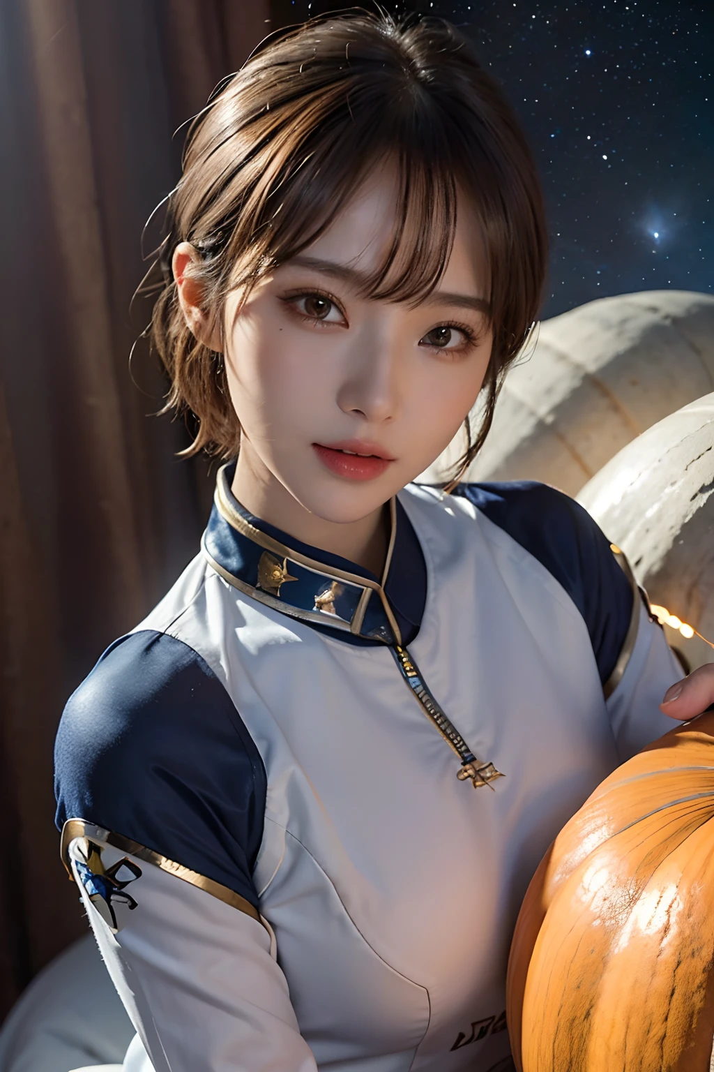 top-quality、​masterpiece、超A high resolution、(realisitic:1.4)、Beautuful Women１、Beautiful detail eyes and skin、ssmile、Light brown short-cut hair、The perfect spacesuit、spaceships、Mysterious planet、Giant pumpkin、the bats、