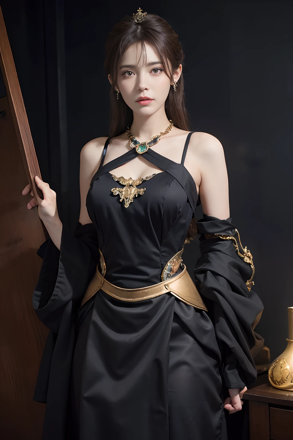 （Front focus），（in the darkness nigth：1.6），Surrealist portraits of women by David Hockney and Alphonse Mucha，Fantasyart，photographrealistic，动态照明，art  stations，poster for，Volumetriclighting，Very detailed faces，，1girll,artist_names,Bare_bshoulders,brown_Eyes,brown_Hair,crown,dress,Earrings,eyeslashes,Fire,Hair_decorations,jewelry,Lips,Patreon_user name,Solo,standing,No shoulder strap_dress,watermarked,web_address