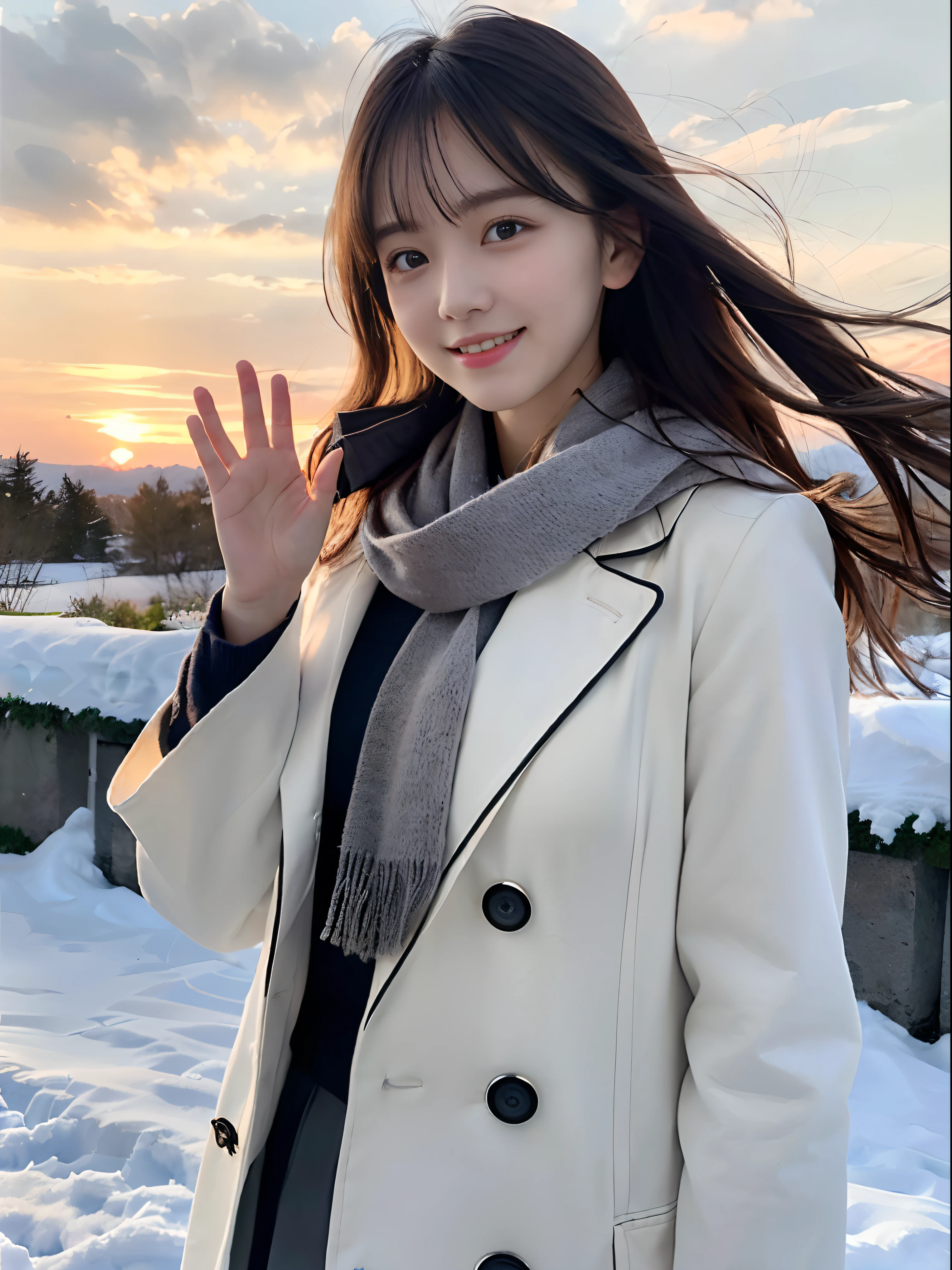 (Close up of one girl with slender small breasts and long hair dull bangs in winter school uniform with white coat and gray scarf:1.5)、(One girl waves one hand lightly with a small smile and hair fluttering in the wind :1.5)、(Beautiful snowy sunset red sky:1.5)、(Perfect Anatomy:1.3)、(No mask:1.3)、(complete fingers:1.3)、(8K:1.3)、Photorealistic、Photography、masutepiece、top-quality、High resolution, delicate and pretty、face perfect、Beautiful detailed eyes、Fair skin、Real Human Skin、((thin legs))、(Dark hair)