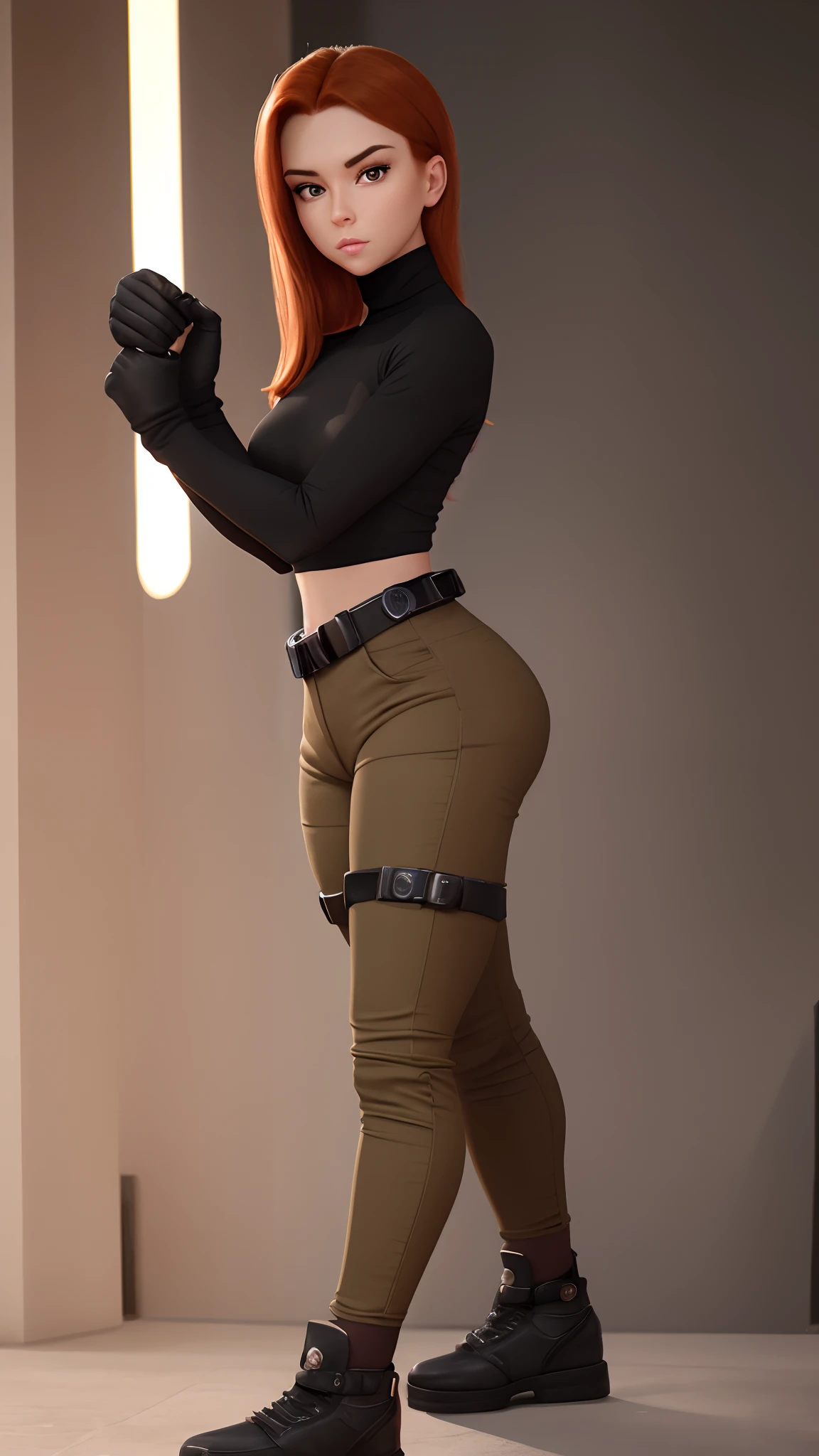 1 female, solo, Kim Possible, amazing details, amazing quality, perfect lighting, masterpiece, full body shot, EnvyBetterHands LoCon, Black Long sleeves turtleneck, brown baggy pants, black gloves,