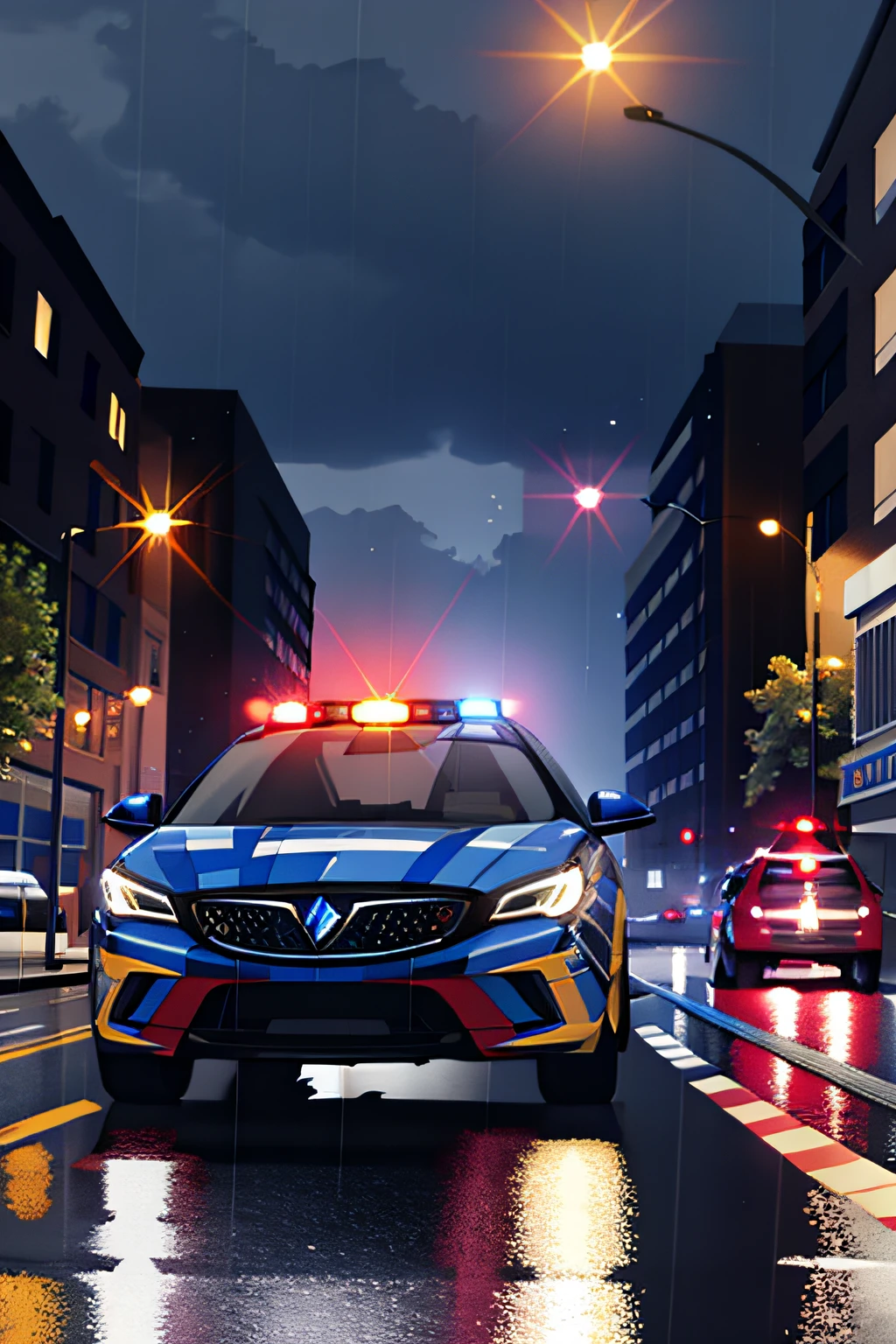 masterpiece, best quality, high quality, High definition, High quality texture, high detail, realistic, Cinematic Light, , night, people on the street, Lens Flare, Ray tracing, a police car, in the street, rain drop