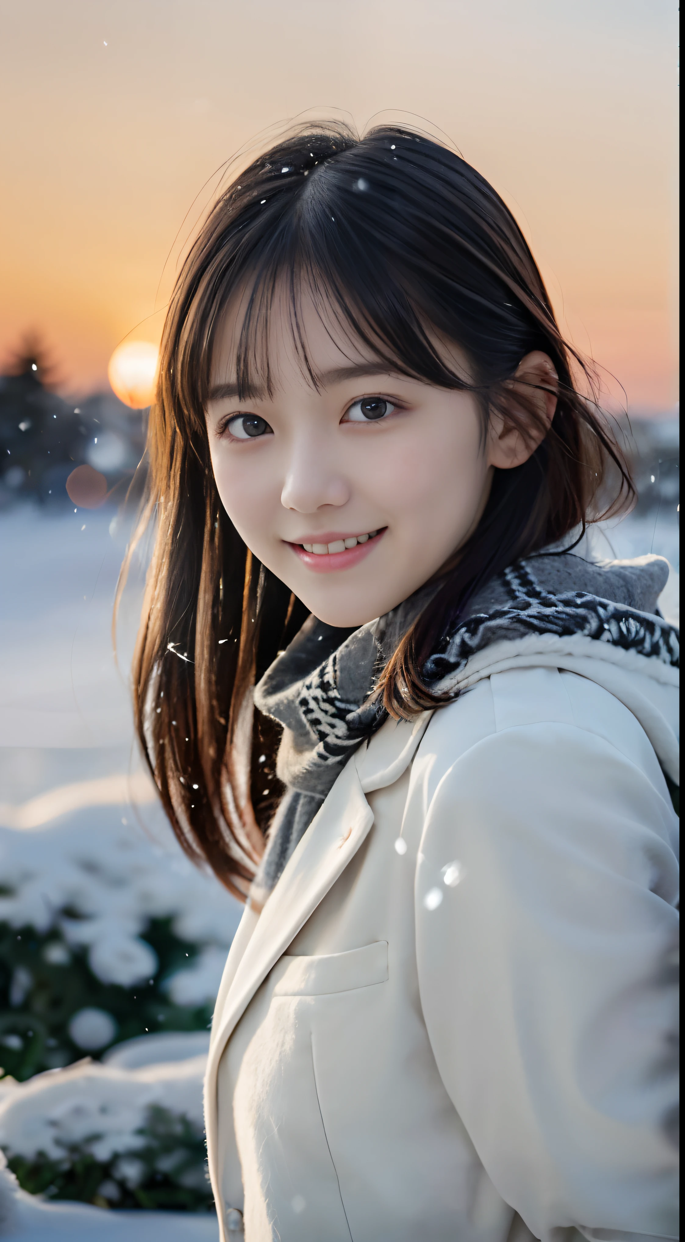 (Close up one girl with slender small breasts and long hair dull bangs in winter school uniform with white coat and gray scarf:1.5)、(One girl waves one hand lightly with a small smile and hair fluttering in the wind :1.5)、(Beautiful snowy sunset red sky:1.5)、(Perfect Anatomy:1.3)、(No mask:1.3)、(complete fingers:1.3)、(8K:1.3)、Photorealistic、Photography、masutepiece、top-quality、High resolution, delicate and pretty、face perfect、Beautiful detailed eyes、Fair skin、Real Human Skin、((thin legs))、(Dark hair)