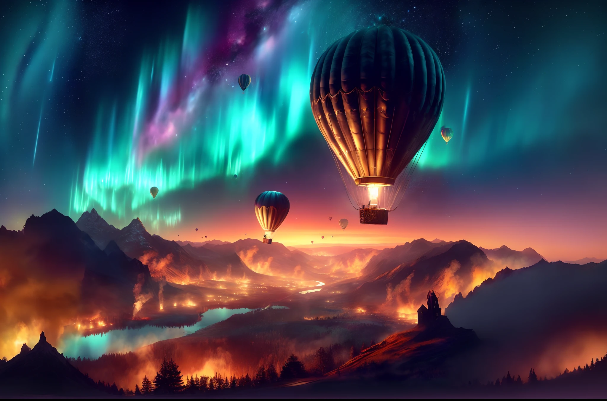 a group of hot air balloons flying over a mountain under a colorful sky, 8k stunning artwork, magical colors and atmosphere, beautiful art uhd 4 k, magical colours and atmosphere, beeple colors, epic surrealism 8k oil painting, 4k highly detailed digital art, epic stunning atmosphere, digital art widescreen 8 k, jessica rossier fantasy art, magnificent background