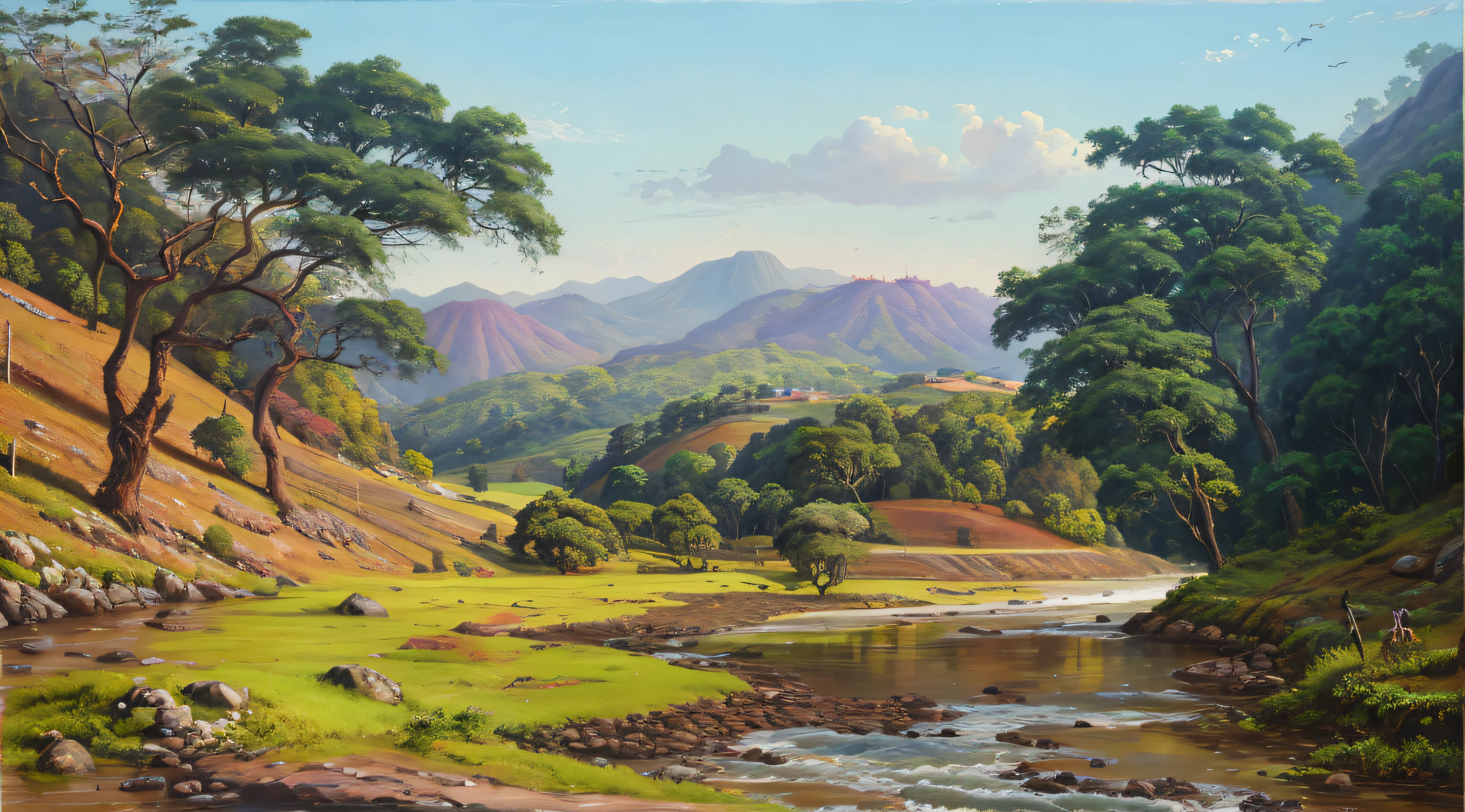 pintura de um rio que atravessa um vale verde exuberante com montanhas ao fundo, colinas fluidas, 8k resolution digital painting, 8k resolution digital painting, Pintura digital 4K, Pintura digital 4k, pintura digital detalhada, baixo detalhamento. pintura digital, Pintura Digital de Alto Detalhe, peaceful landscape, rio, trees and hills, pintura detalhada 4K, pintura digital 4k