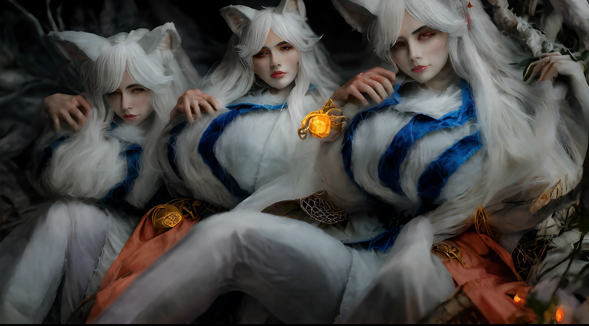 Fox ears white hair girl，full bodyesbian，Painting of a fox with white hair sitting on a branch，ethereal fox，nine tail fox，Fox three-tailed fox，Onmyoji detailed art，Nine tails，A beautiful artwork illustration，mythological creatures，red fox，Combat posture，Beautiful digital artwork，Exquisite digital illustration，mizutsune , Inspired by the mythical creature wildnet，Digital art on Pixiv，strong lights，hight contrast，Horror movie theme，Dark atmosphere