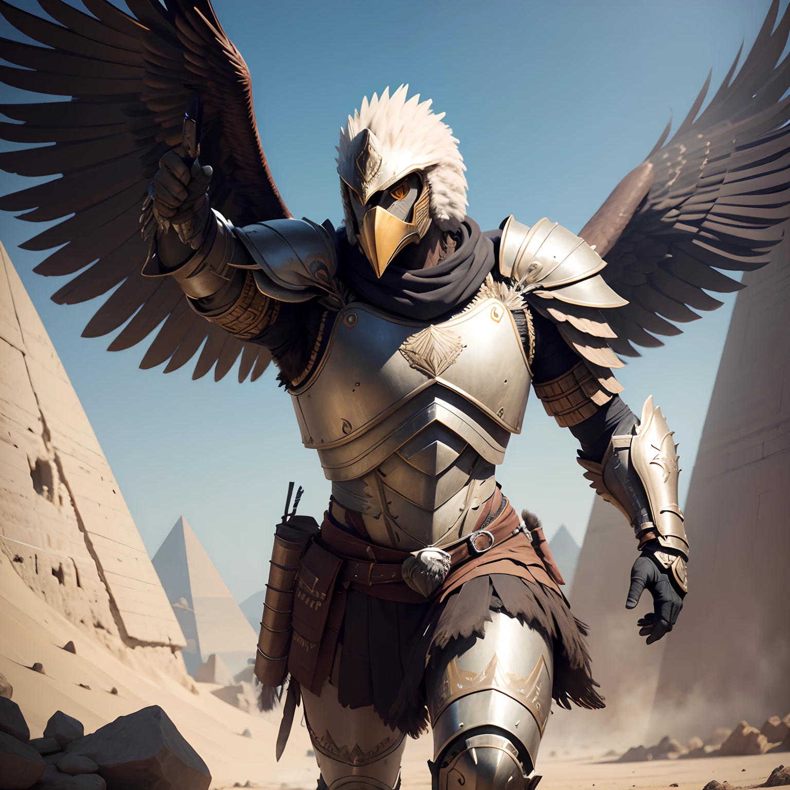 Eagle warrior in realistic 4K full body armor,Pyramids,Super Detailed, Vray Display, Unrealistic engine, Midjourney Art Style.