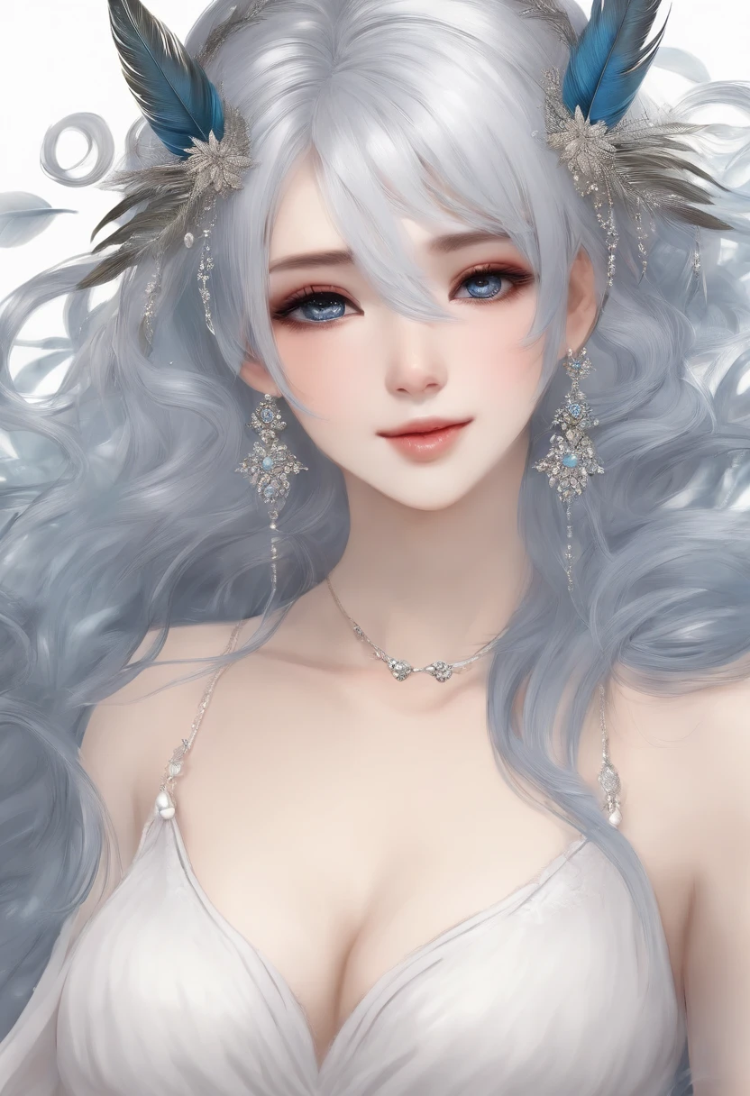 silver hair, longeyelashes, forehead mark, prengant, largeeyes, feather hair ornament, blue hairband, light smile, Touching the belly, potbelly, pregnant women with, textured skin, high details