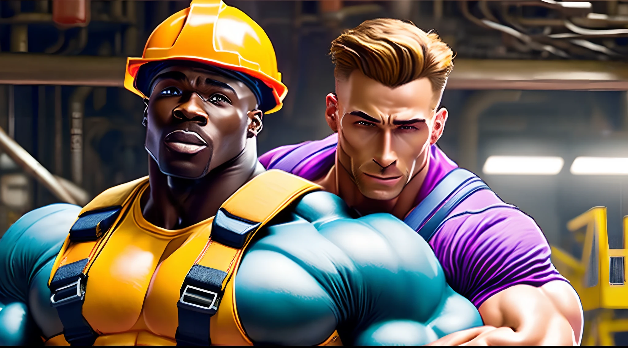 Action scene, Factory, (Engineer & Solider) , a closeup ,muscular, With an oily body,in suspenders, hug, bright colours, Realistic rendering, JoJo reference ,HDR lighting, with the atmosphere of a masterpiece:1.2