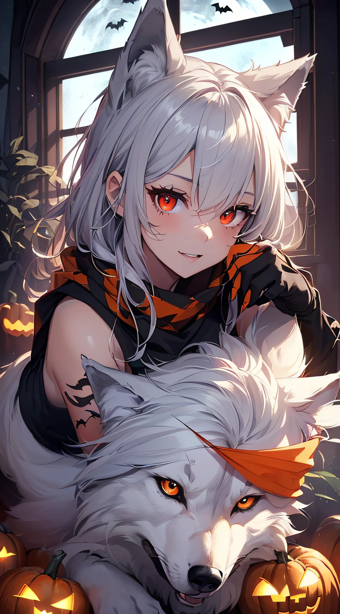 top-quality、Top image quality、​masterpiece、teens girl((18year old,Black and orange tank top,Orange and black shorts、orange scarf,Best Bust、Bust 85、Silver hair、Longhaire,Red Eyes、open chest wide、Valley、Happiness、A slender、Blood coating、Leaning forward、Emphasis on the chest、Wolf tattoo、wolf ear、Wolf tail、excited expressions、Wolf gloves、nails are growing、Cute wolf,Riding on a man's waist、claw pose)）hiquality、Beautiful Art、Background with((natta、window、dark sky、Halloween at night、the bats、pumpkins,Nightmare、Halloween、forest pathway))、masutepiece、Elaborate design、visualart、Theater Screen、