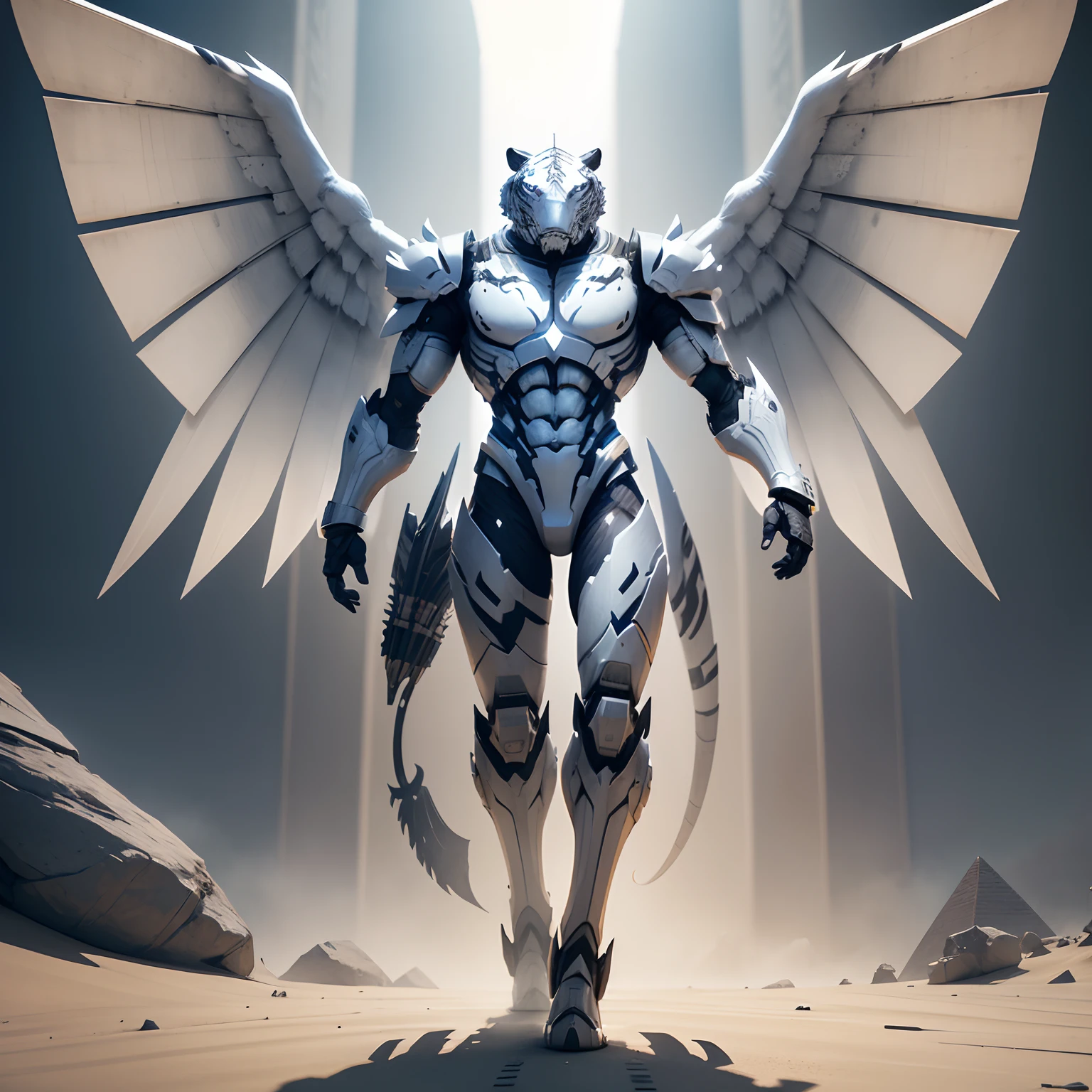 The robotic white tiger warrior has a bird's wing in full body armor. Realistic 4K,Pyramids,Super Detailed, Vray Display, Unrealistic engine, Midjourney Art Style.