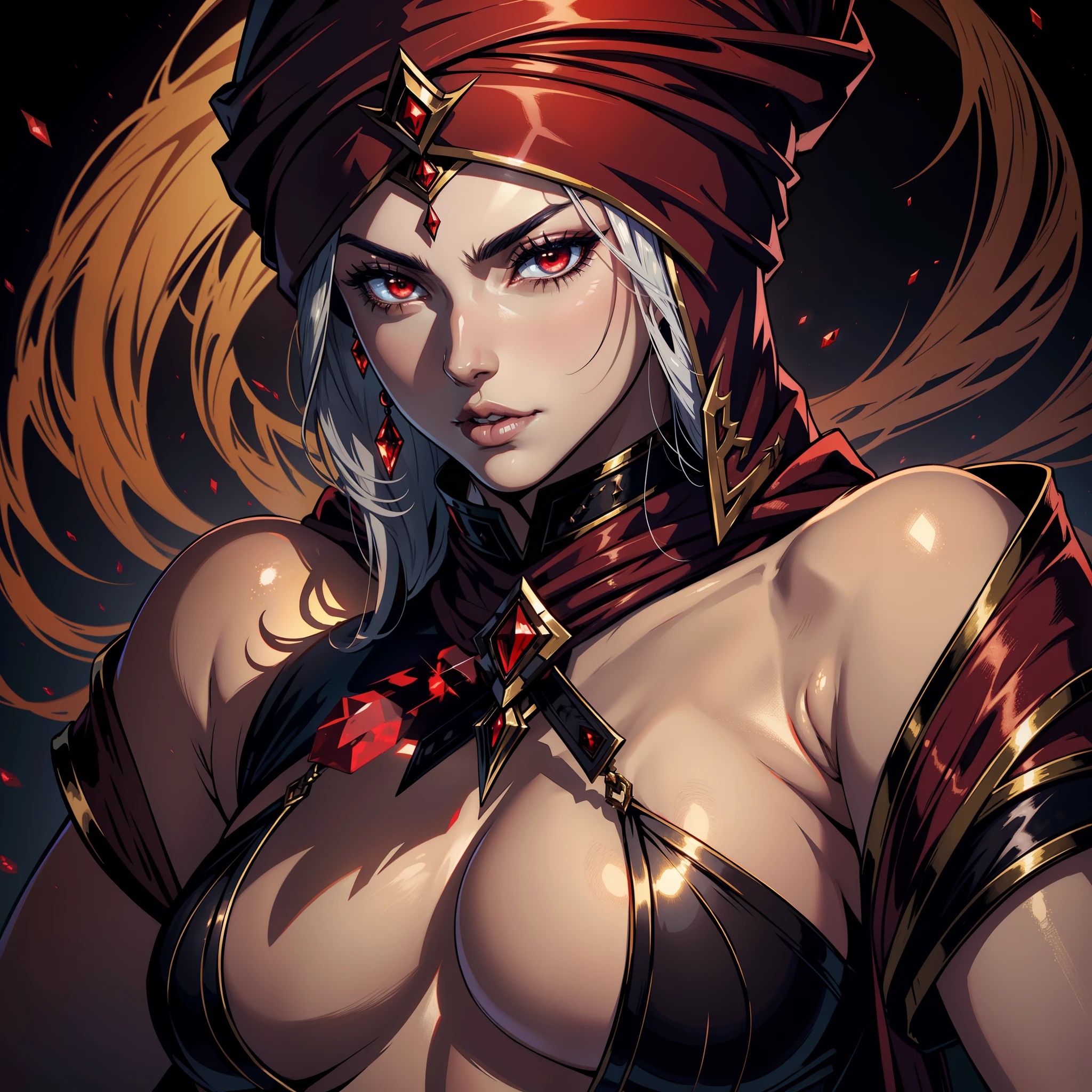 Castlevania Super Realistic Shadow Lord Super Detailed Dynamic Shot Of Very Beautiful Arabian Princess With A Turban Red Hokuto Portrait Zoom Sexy Sexy Face Sexy Eyes Glowing Mouth Shiny Red Crystal Shiny Eyes