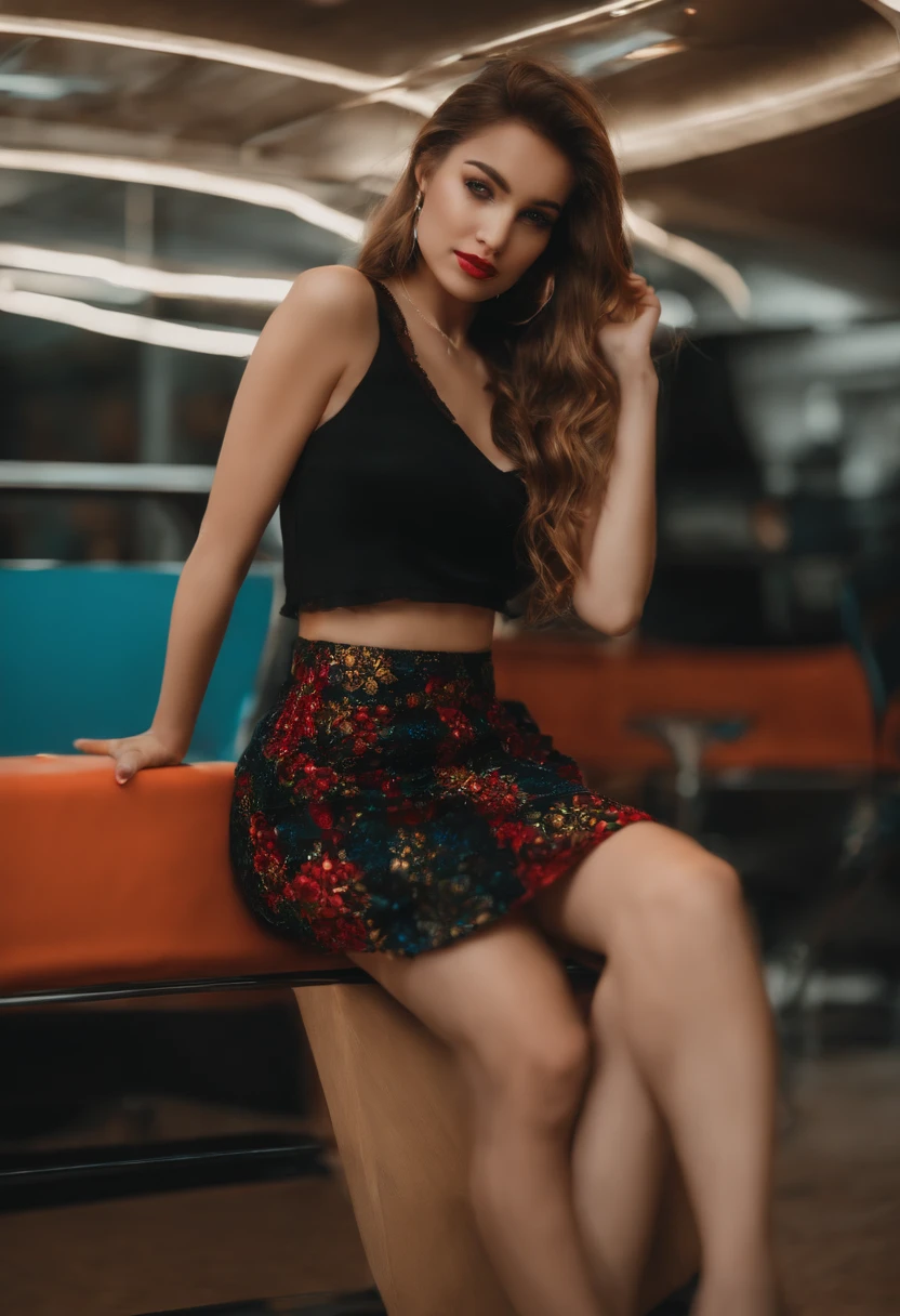 A beautiful hot cute girl wearing mini loase skirt and black mini top sitting to back side