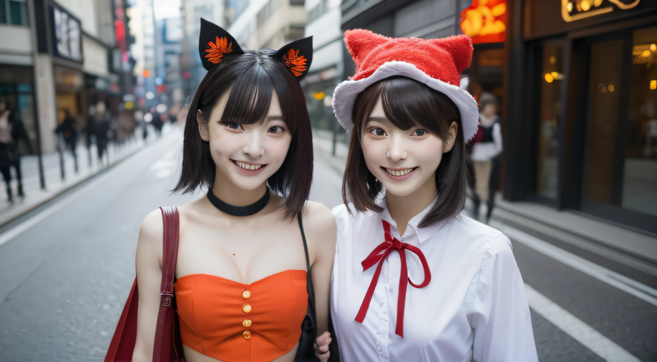 Two women are walking the streets of Shibuya in Halloween cosplay　Looking at the camera and smiling