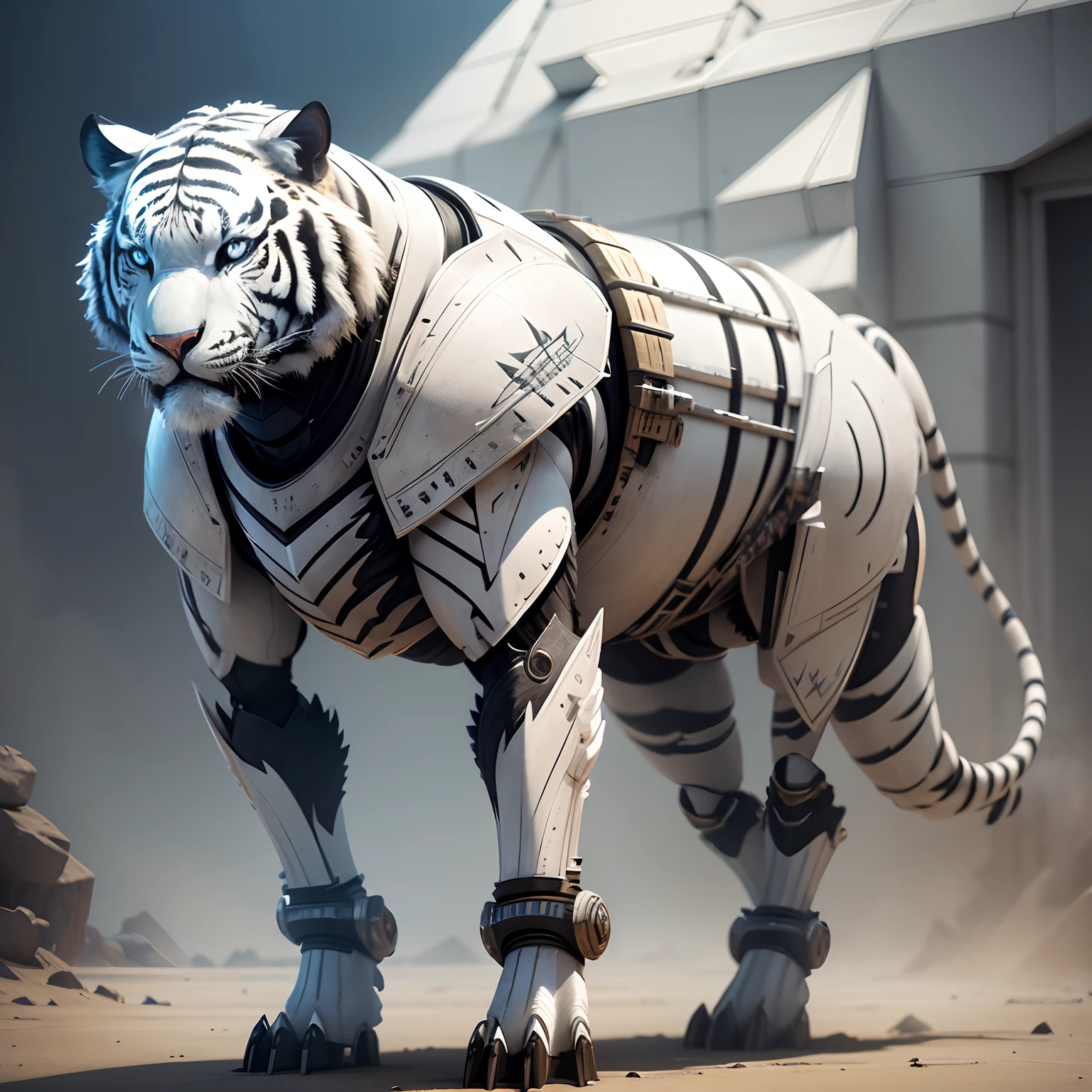 The robotic white tiger warrior has a bird's wing in full body armor. Realistic 4K,Pyramids,Super Detailed, Vray Display, Unrealistic engine, Midjourney Art Style.