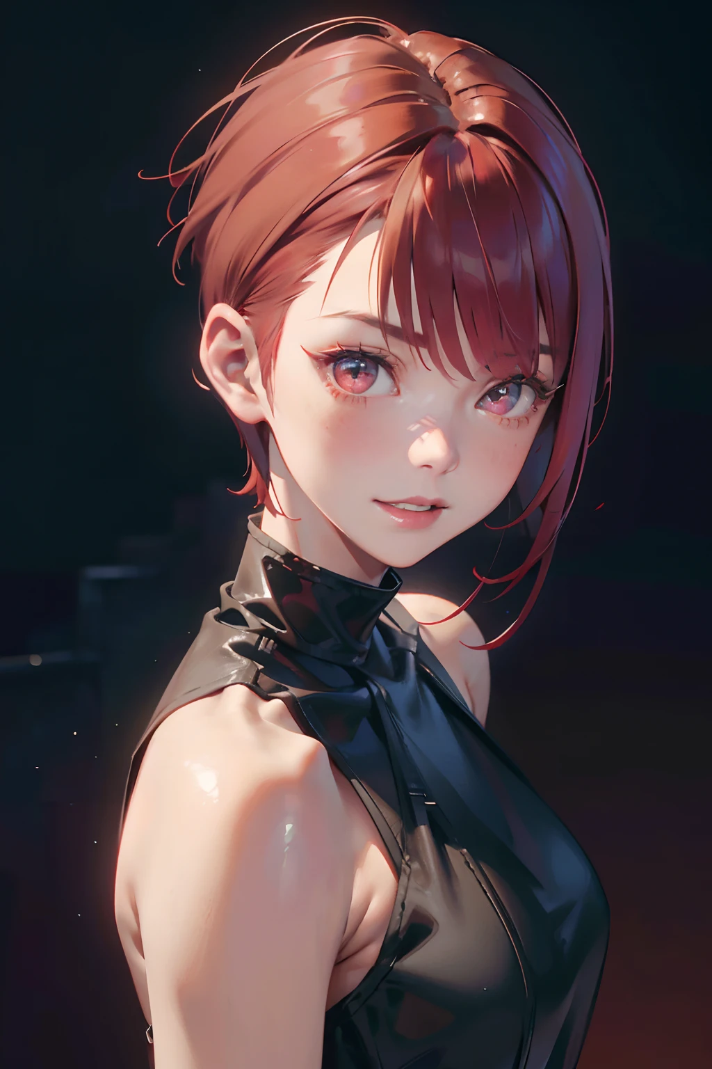 a 20 yo woman、Red-haired、Bery short hair、Big smile、(hi-top fade:1.3)、dark themed、Muted Tones、Subdued Color、highly contrast、(natural skin textures、Hyper-Realism、Soft light、sharp)