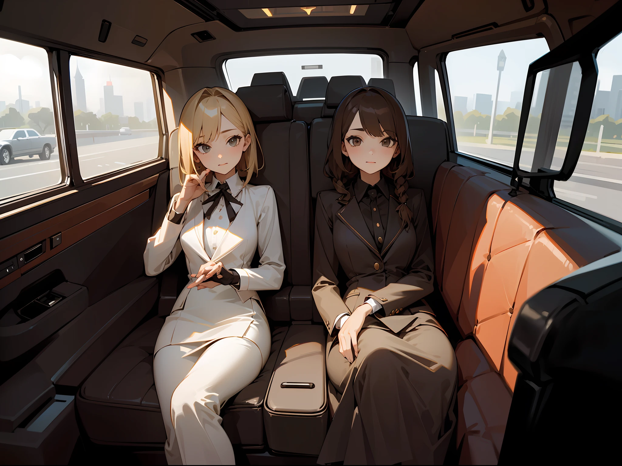 there are seats in the back of a stretch limousine, high end interior, leather interior, elegant interior, luxury, alternate angle, interior background, bottom angle, bright light masterpiece, interior shot, thumbnail, inside of a car, glowing interior components, dark classic interior, interior, very elegant features, scenic full shot. two sexy bachelorettes, (1 girl with brown hair), (1 girl with blonde hair), sitting inside limousine, looking at viewer, symmetrical, highres, (two shot), (medium long shot), (2girls), (view from front)