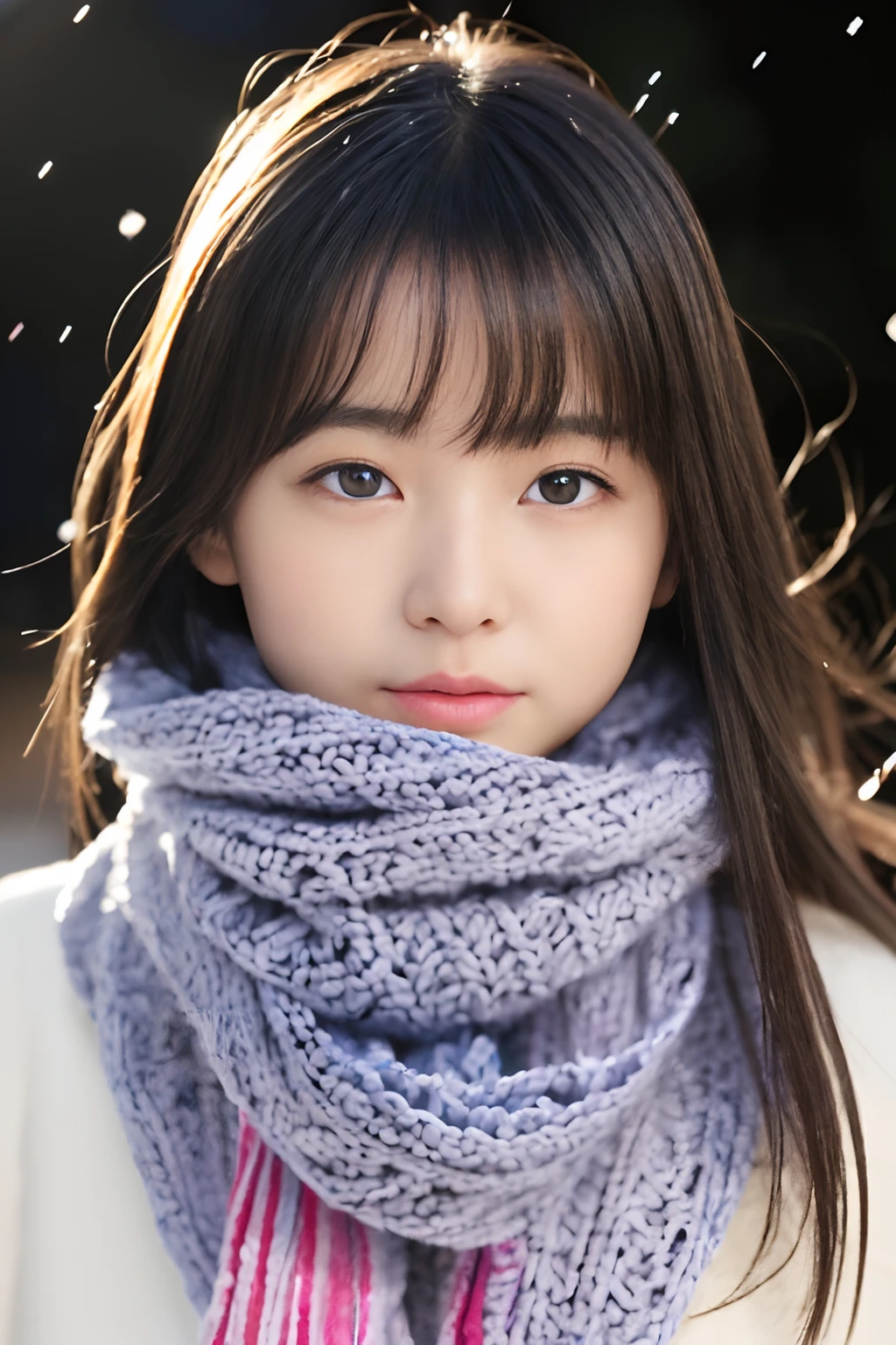 ((no-makeup、Wait for a kiss、Close your eyes、Duck mouth:1.2))、(realisitic、Photorealsitic、ultra-detailliert、Highest Details Skins、top-quality、masterpiece、超A high resolution)、Cute Japan Woman、17 age、hi-school girl、younggirl、1 girl in、I have bangs、二重まぶた、drooing eyes、Japanese style face、purity、double tooth、Realistic skin type、Thick muffler、Grey muffler、fluffy hair、((Hair is inside the scarf:1.3))、Red cheeks、The wind is blowing、It's snowing、illuminations、Lighting from behind