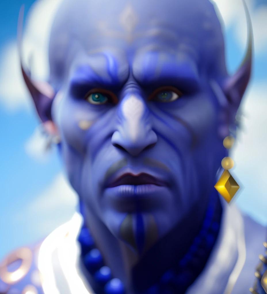 masterpiece, high quality, detailed photo, 8k, 4k, (1man), detailed head, detailed face, ultra-sharp focus, detailed eyes, detailed hair, (detailed head accessories), high resolution details, [detailed cloth|detailed armor:1], (bald head), (golden jewelery), heroes of might and magic hero portrait, a man with a blue face and a white shirt, blue-skinned elf, blue elf, djinn human hybrid, elf with blue skin, blue djinn, baldur's gate character portrait, male djinn man demon hybrid, djinn man male demon, james cameron avatar style, ultramarine, raziel irl