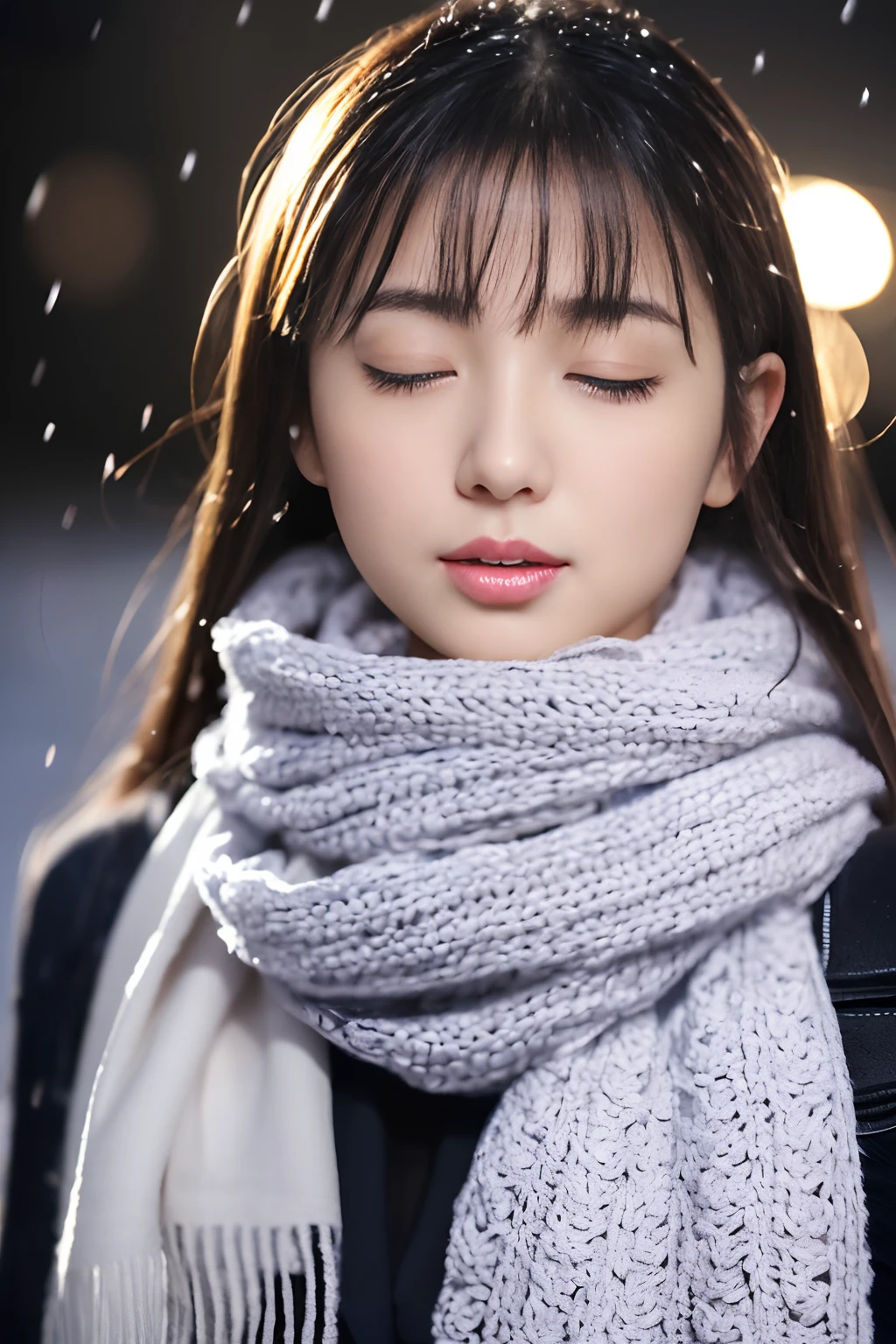 ((no-makeup、Wait for a kiss、Close your eyes、Duck mouth:1.2))、(realisitic、Photorealsitic、ultra-detailliert、Highest Details Skins、top-quality、masterpiece、超A high resolution)、Cute Japan Woman、17 age、hi-school girl、younggirl、1 girl in、I have bangs、二重まぶた、drooing eyes、Japanese style face、purity、double tooth、Realistic skin type、Thick muffler、Grey muffler、fluffy hair、((Hair is inside the scarf:1.3))、Red cheeks、The wind is blowing、It's snowing、illuminations、Lighting from behind