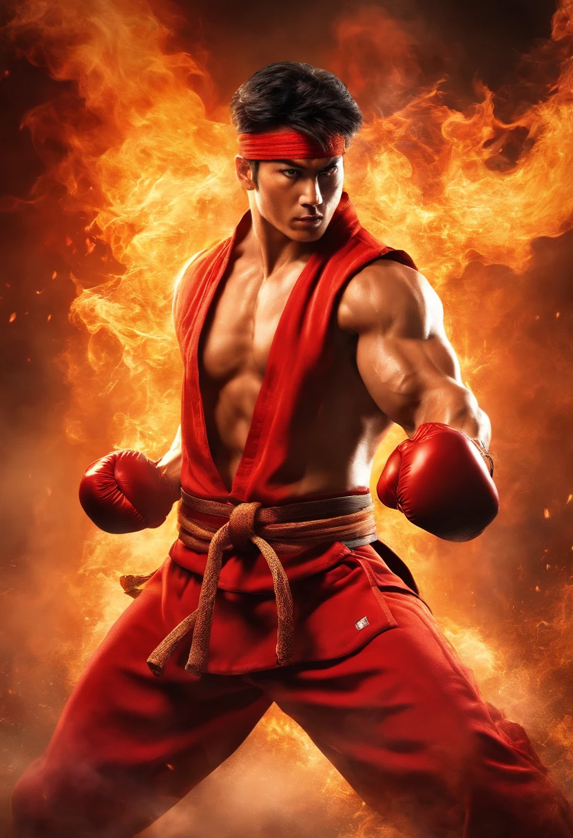 (best quality,highres:1.2),realistic,masterpiece:1.2,portrait,colorful,studio lighting,fireball,street fighter,character design,brave warrior, Japanese martial artist, muscular physique,intense gaze,focused expression,headband,red and white gi,black belt,fiery aura,action pose,flaming fists,heat and energy,radiating power,combative stance,vivid colors,energy blast,highly detailed fire effects,street fight backdrop,credible muscle definition,smoke and sparks,eye-catching composition,attention to facial features.