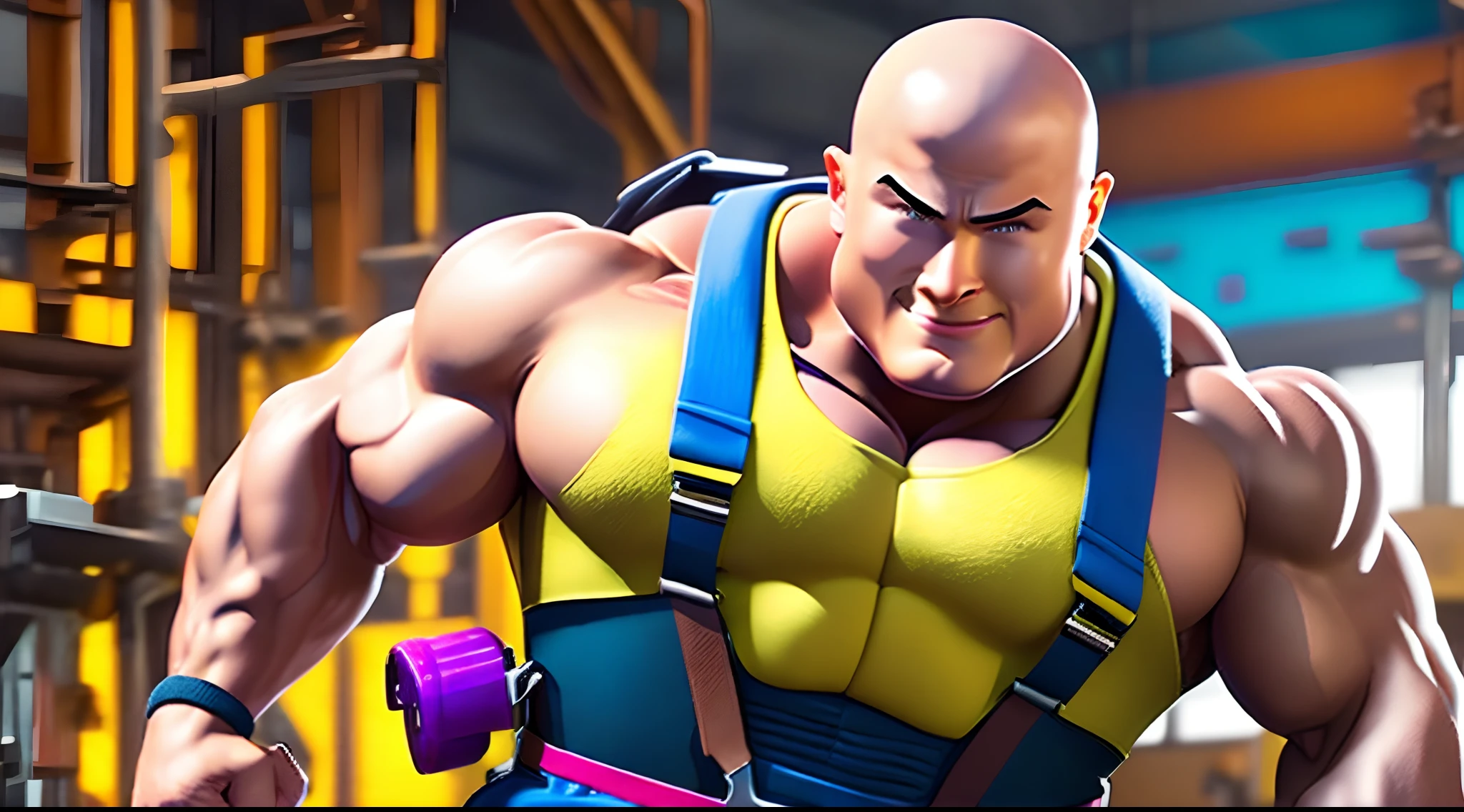 Action Scene, factory, (engineer & soldier) , a closeup of a ,muscular, ssmile, bald,  bristle, With a fat body,in suspenders,  hug, bright colours, Realistic rendering, JoJo Handbook ,HDR lighting, with the atmosphere of a masterpiece:1.2