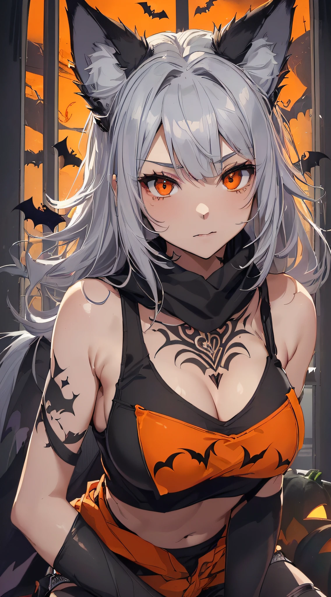 top-quality、Top image quality、​masterpiece、teens girl((18year old,Black and orange tank top,Orange and black shorts、orange scarf,Best Bust、Bust 85、Silver hair、Longhaire,Red Eyes、open chest wide、Valley、Happiness、A slender、Blood coating、Slouched、Emphasis on the chest、Wolf tattoo、wolf ear、Wolf tail、excited expressions、Wolf gloves、nails are growing、Cute wolf,Riding on a man's waist、claw pose)）hiquality、Beautiful Art、Background with((natta、window、dark sky、Halloween at night、the bats、pumpkins,Nightmare、Halloween、forest pathway))、masutepiece、Elaborate design、visualart、Theater Screen、
