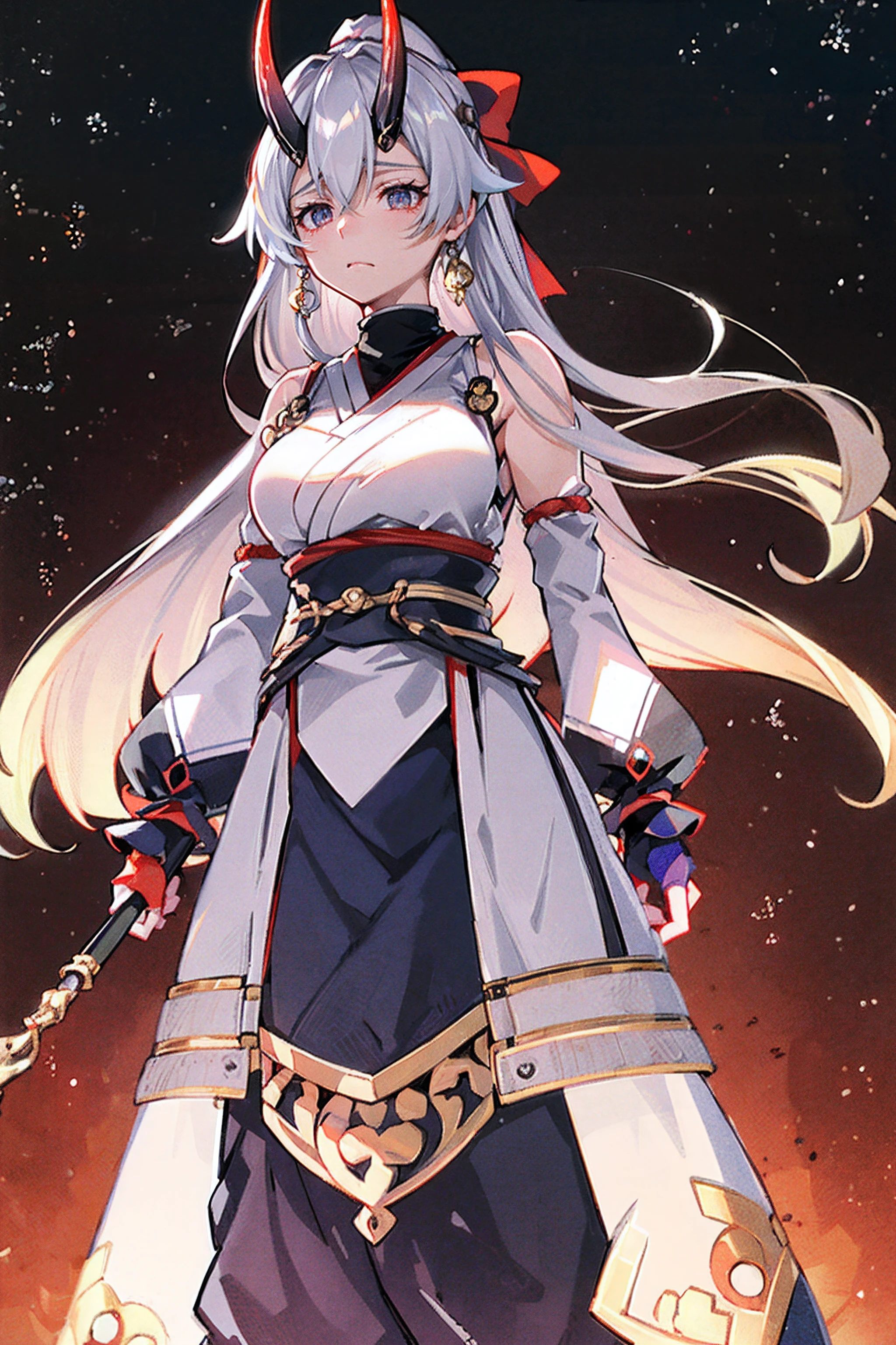 Crie uma imagem detalhada da personagem Tomoe Gozen de Fate/Grand Order, Highlighting every physical feature down to the smallest detail:

Rosto: Tomoe's face is marked by fine features and a vivacious expression. Os olhos, de um matiz profundo e expressivo, They have a unique coloration that matches the intensity of your gaze. Destaque um chifre distintivo, that adds an intriguing element to your appearance.

Cabelos: Seus cabelos longos e sedosos possuem uma tonalidade distintiva de vermelho, com reflexos brilhantes. Certifique-se de capturar a fluidez e o movimento dos fios, enfatizando a beleza de sua cabeleira.

Olhos: Tomoe's eyes are a central feature, with expressive irises and a glow that reflects her vibrant personality. Deepen details to emphasize the intensity of the look and the unique color that complements your style.

Chifre: The horn on Tomoe's head is a striking detail. Be sure to portray it faithfully, destacando sua forma e textura.

Corpo e Silhueta: Tomoe has a slender and athletic silhouette, destacando sua agilidade e habilidades em combate. Realce a postura firme e confiante que a define como uma guerreira.

Vestimenta: Se ela estiver usando seu traje de combate tradicional, Highlight the details of the outfit, such as distinct patterns and colors. Make sure you capture the sense of movement, Suggesting readiness for action.

Arma: If you're wielding your signature weapon, destaque os detalhes da mesma, highlighting its unique design and functional features.

These visual optimizations aim to create an image that accurately captures beauty, forza, and Tomoe Gozen's outstanding character, incorporating all the distinctive elements of its appearance.