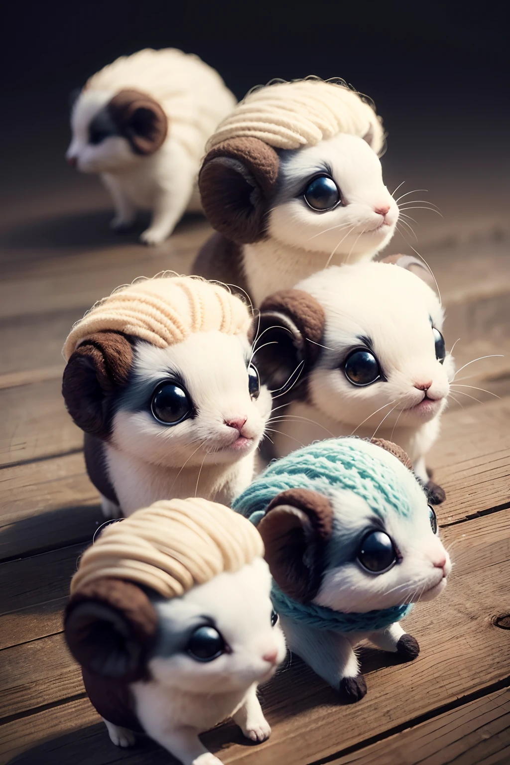 A group of small animals,Wool felt world,The texture of wool-knitted fabrics,Super detail,hyper HD,A high resolution,1080p,ccurate,,Best quality, Masterpiece, 超A high resolution, RAW photo, Beautiful and aesthetic,deepshadow, (Photorealistic:1.4)