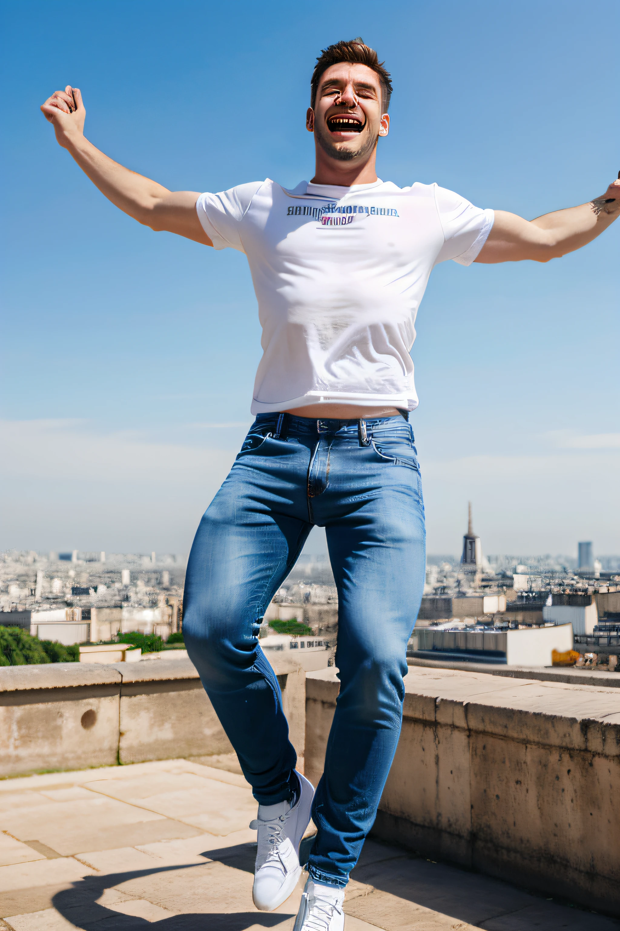 a white man super happy jumping in the air, jeans and white t-shirt outfit, paris background
