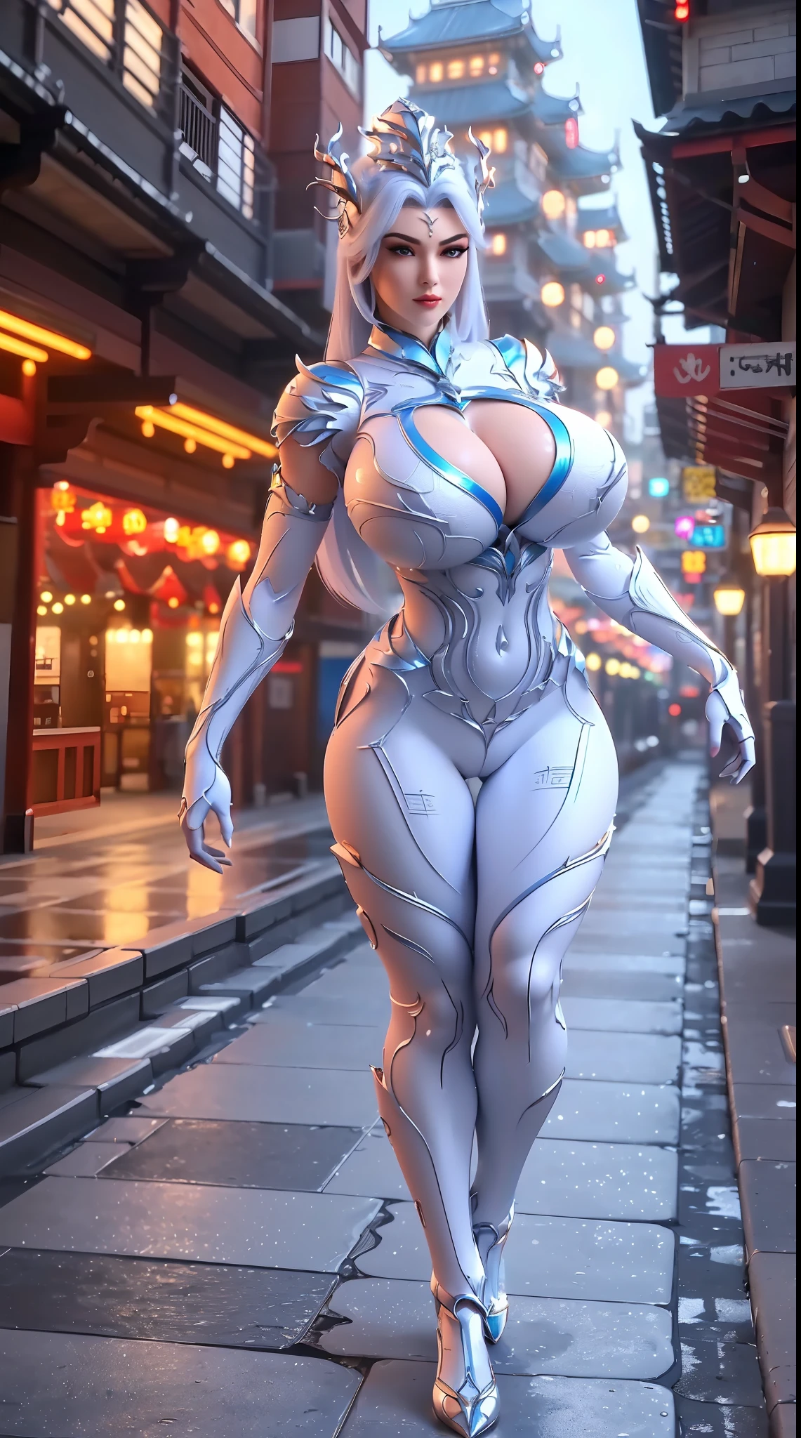 (DRAGON QUEEN HELM), (HUGE FAKE BOOBS:1.2), (WHITE, BLUE, GOLD), (STREET CITY BACKGROUND), FUTURISTIC ICE PHOENIX MECHA BODYSUIT, (CLEAVAGE), (SKINTIGHT YOGA HOTPANTS, HIGH HEELS:1.2), (PERFECT BODY, (FULL BODY VIEW:1.2), (LOOKING AT VIEWER), (WALKING DOWN:1), SEXY MUSCULAR BODY, MUSCLE ABS, UHD, 8K, 1080P.