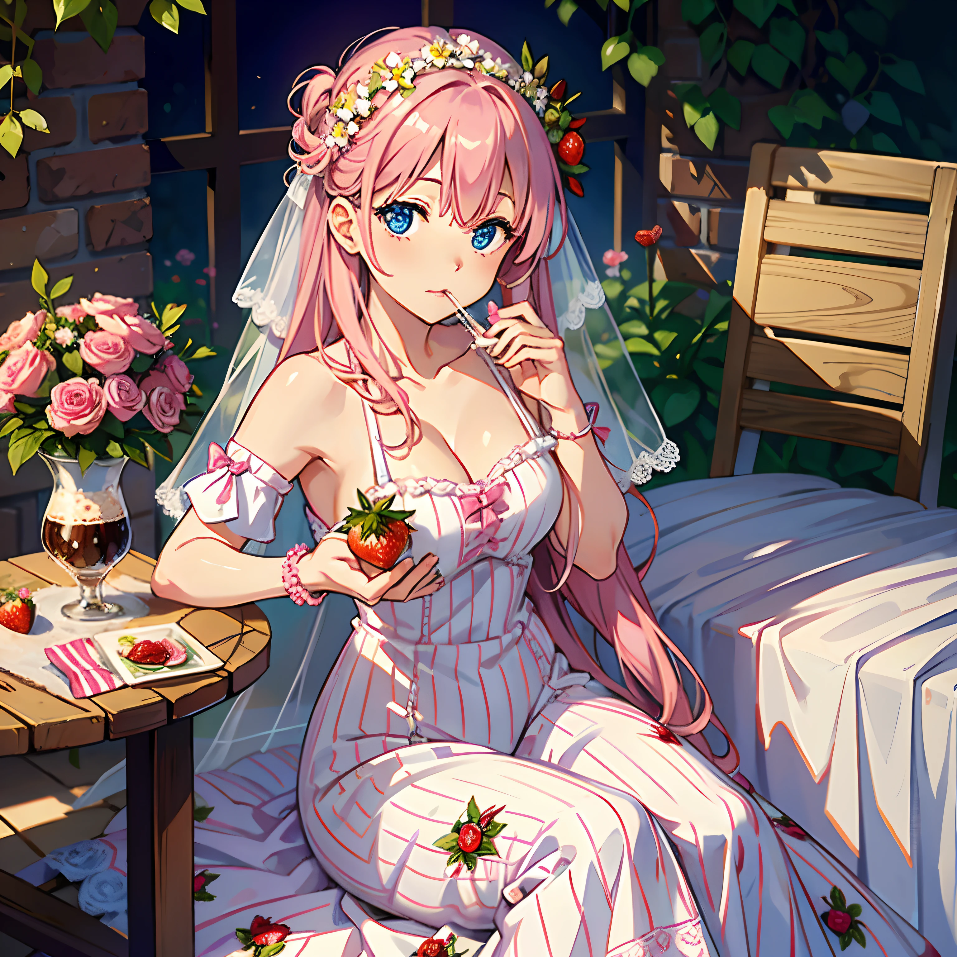 Realistic character with pink stripes, Blue eyes, Wearing a wedding dress with the image of strawberries, Drinking coffee, Flowers are scattered in her hair
