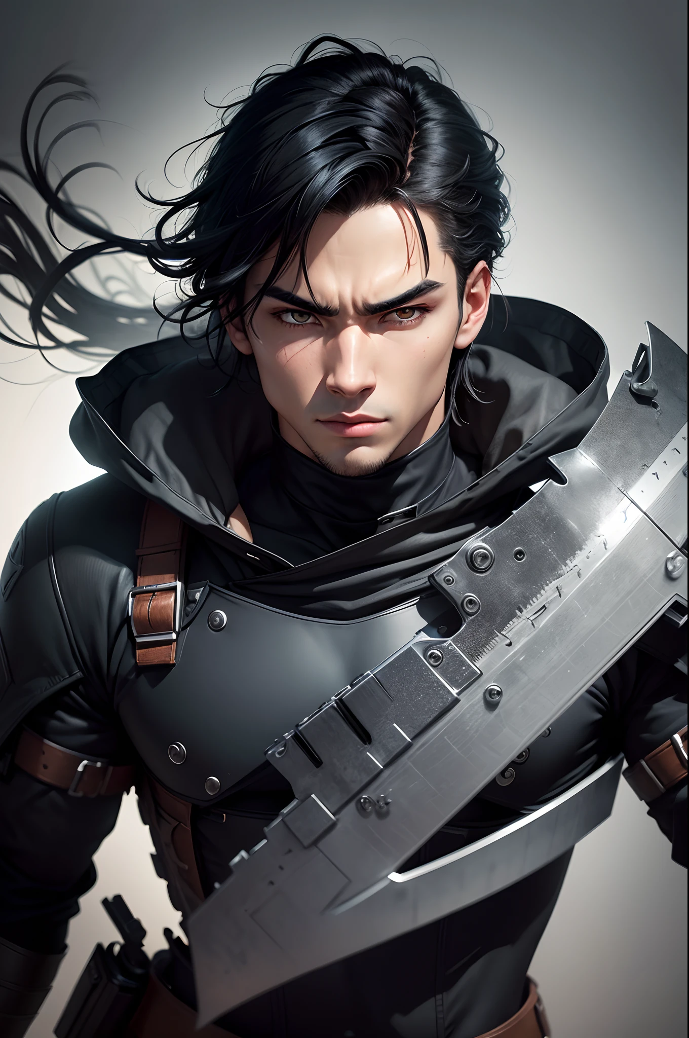 Attractive young man with black hair, Black eyes, Super handsome young man, (Jaws like the real thing),Black Special Combat Uniform, With a large Japan sword,Sexy clothes, sexy facial expression, Technical Wear, Tactical attrition, Tactic, masterpiece, Perfect full-body shot, High resolution and sharpness, Creative and expressive lighting, Vivid and atmospheric colors, Dense and unexpected texture, Stunning eye detail, Innovative and bold configuration, Amazing and captivating viewpoint, Artistic fidelity and precision, Creative and effective approach, Well-controlled expressive exposure, Surprising originality and creativity, Captivating emotions and stories, Creative use of light and shadow, Capture unique and surprising moments, Impeccable technical prowess, Harmonious tonal balance, Attention to detail, Realistic and expressive portrait, Skillful use of color, To create a unique atmosphere, Impressive visual impact.