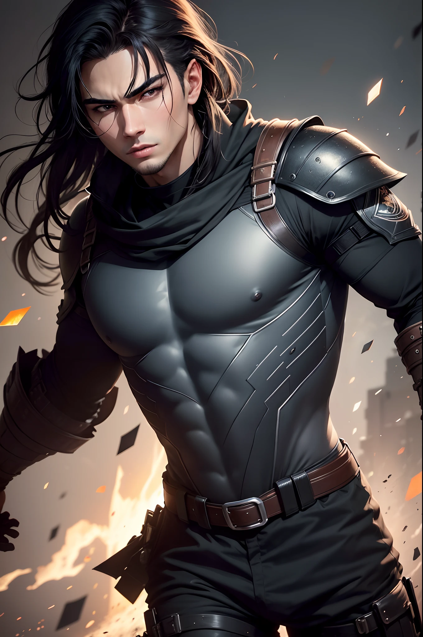 Attractive young man with black hair, Black eyes, Super handsome young man, (Jaws like the real thing),Black Special Combat Uniform, With a large Japan sword,Sexy clothes, sexy facial expression, Technical Wear, Tactical attrition, Tactic, masterpiece, Perfect full-body shot, High resolution and sharpness, Creative and expressive lighting, Vivid and atmospheric colors, Dense and unexpected texture, Stunning eye detail, Innovative and bold configuration, Amazing and captivating viewpoint, Artistic fidelity and precision, Creative and effective approach, Well-controlled expressive exposure, Surprising originality and creativity, Captivating emotions and stories, Creative use of light and shadow, Capture unique and surprising moments, Impeccable technical prowess, Harmonious tonal balance, Attention to detail, Realistic and expressive portrait, Skillful use of color, To create a unique atmosphere, Impressive visual impact.