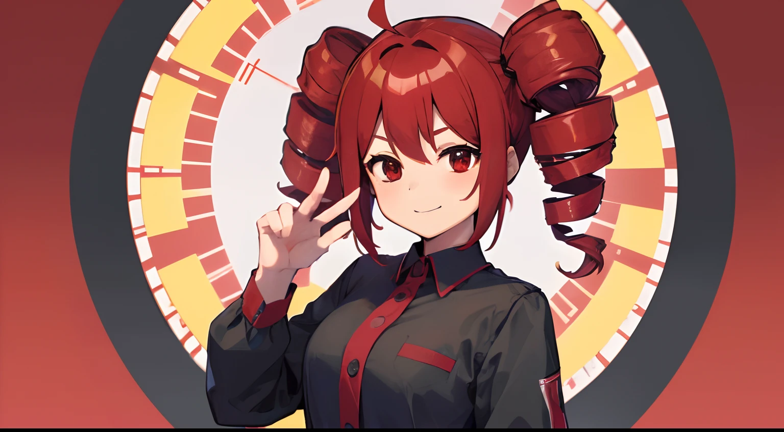 kawaii、1girl in、hiquality、((​masterpiece))、Tet、KasaneTeto、Twindrill hair、Smile in public、at stage、red hairs、neat clothes of neat gray color,,,,,,、Red curly hair like a drill、red eyes、Idle Pose、