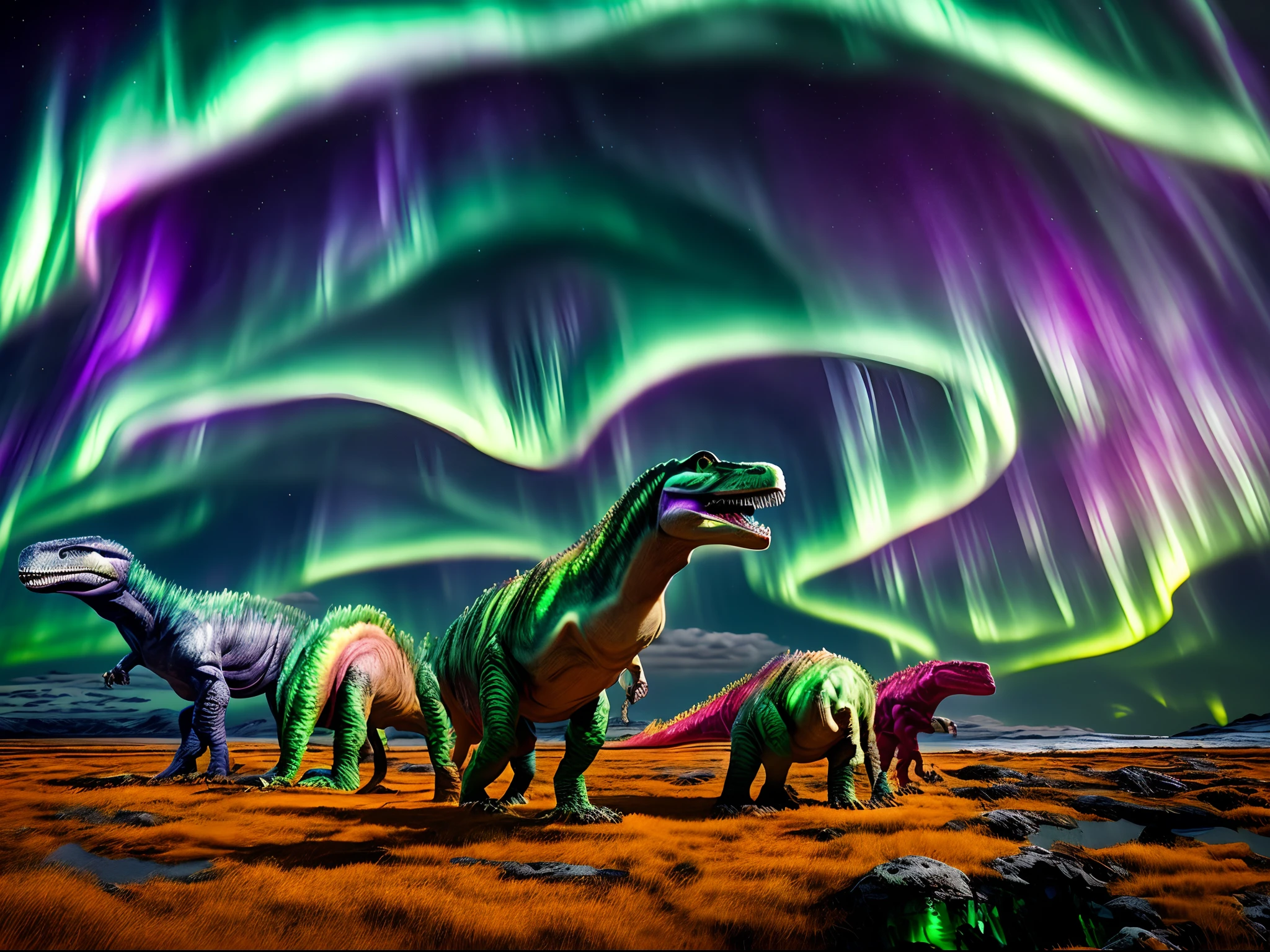 (8K, 16K, Award Winning, Top Quality, High Definition, Super Detail, Mastepiece, Anatomically Correct), Dinosaurs Walking on Earth, Realistic Dinosaurs, Tyrannosaurus, Spectacular Views, (((Colorful Northern Lights) )), curtains of light, volcanoes, forests, aurora borealis across the sky, quadrupeds