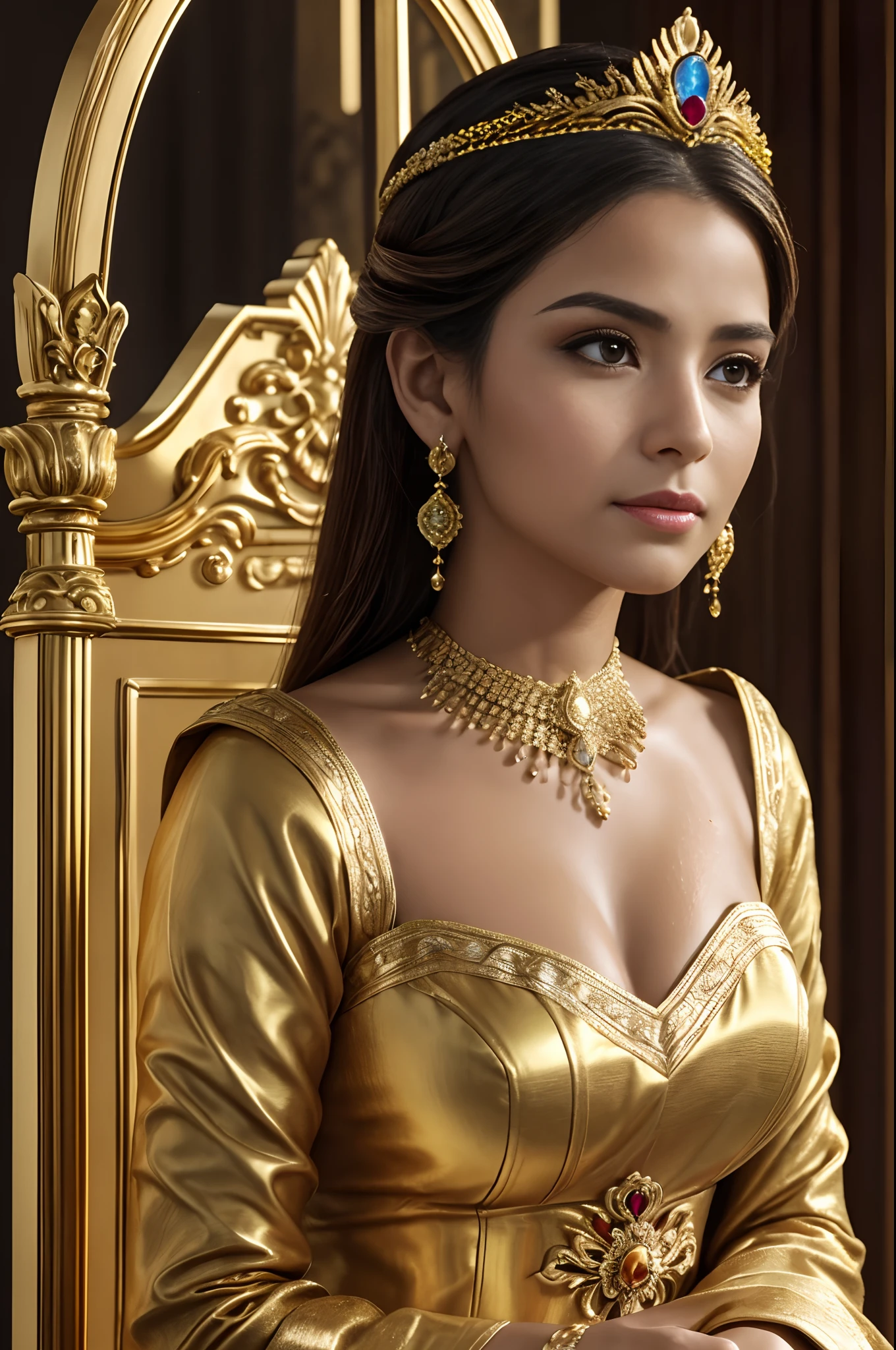 best quality, master part, detalhe, detalhes intrincados, realistic cinematic lighting, (Arte de Fantasia: 1.6), (Seiza: 1.1), (testa: 1.2), upright, real, majestoso, rainha, (Trono enorme e dourado: 1.4), coroa, close-up testaal, solene, trono, postura ereta, seriedade, dignidade, olhar para a testa, contemplation, jewelries, sozinho, Raio Divino, 1 mulher Negra linda , wet lips , vestido dourado e vermelho, Golden Palace, 16k