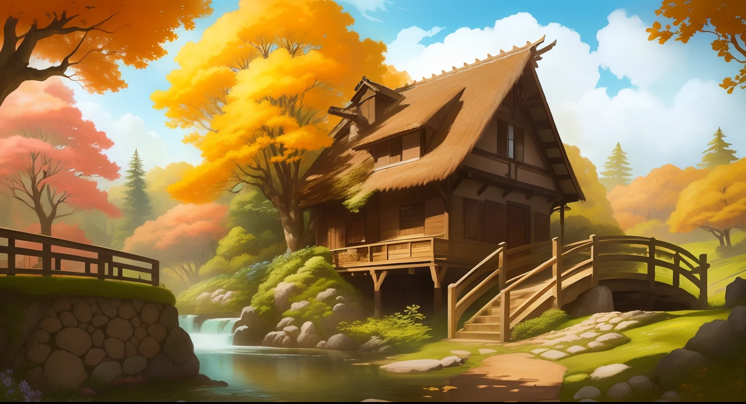 Arafed house in a forest with a bridge and a stream, paisagem campestre anime, arte de fundo do anime, fundo da taberna da fantasia, idyllic cottage, fundo da casa, fundo da taberna, uma taberna multidimensional e acolhedora, anime scenery concept art, arte de fundo, Casa de campo na floresta, Arte de fundo, Casa da Fantasia, Casa de campo na floresta, beautiful anime scenery, beautiful artist rendering